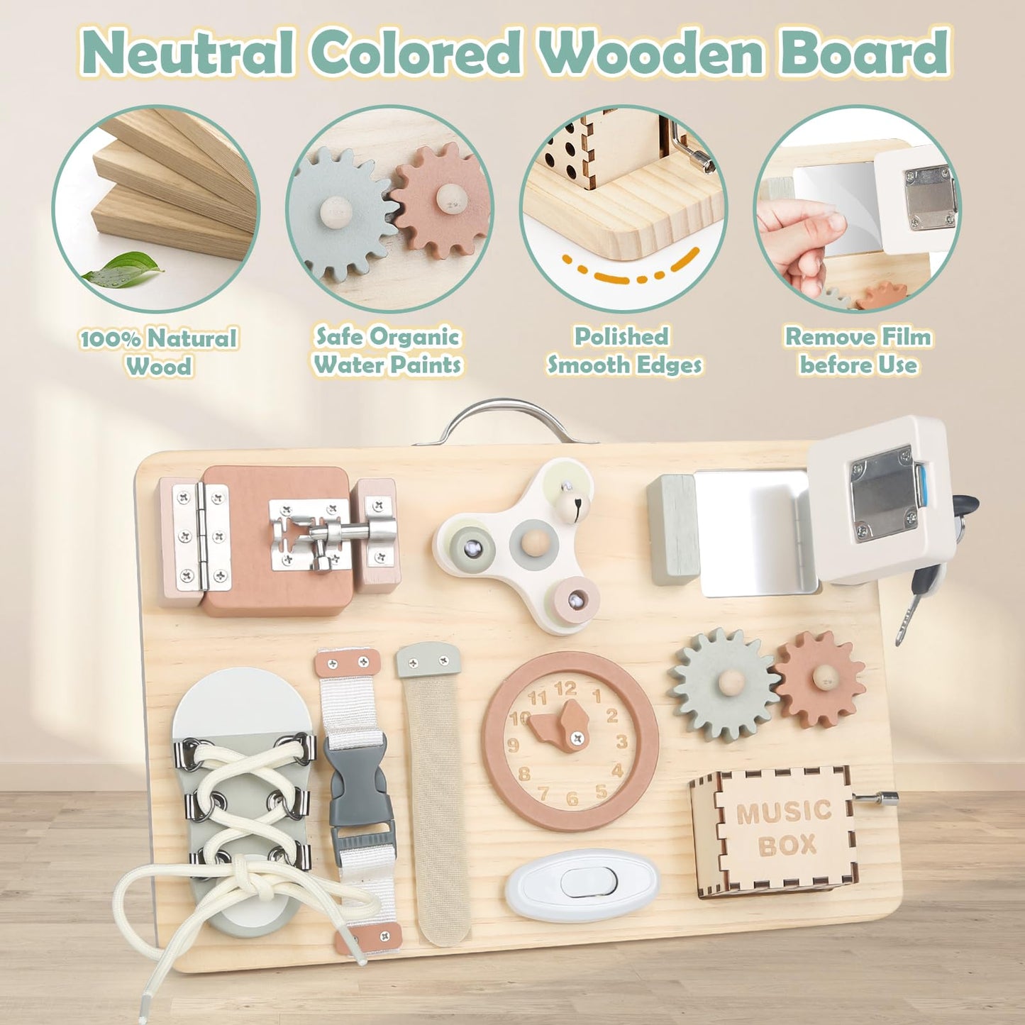 Joyreal Montessori Busy Board For Toddlers - Wooden Sensory Board Activity Board For Fine Motor Skills, Travel Baby Busy Board Sensory Toys For Kids