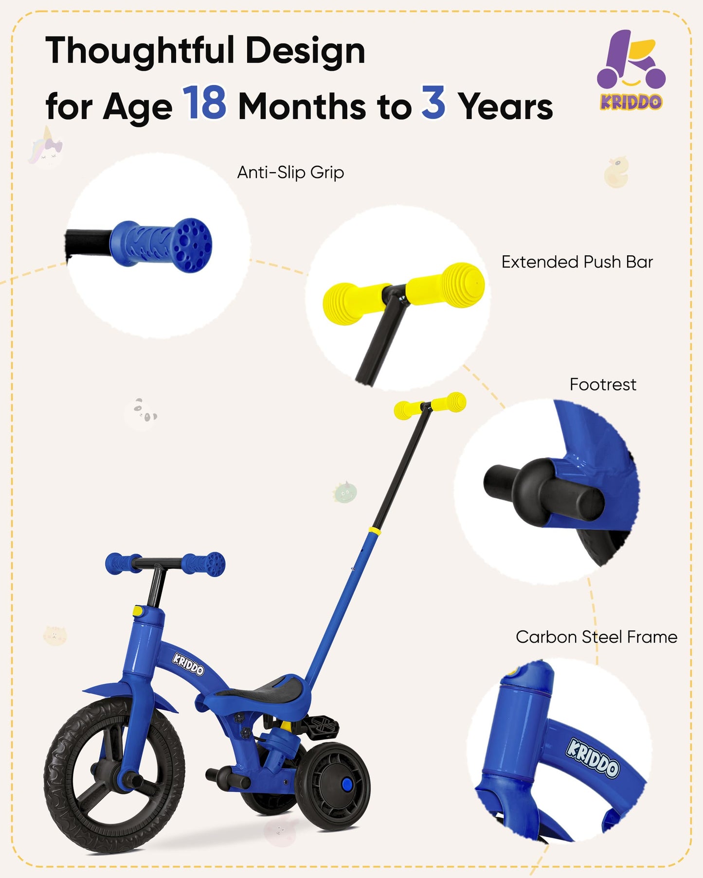 KRIDDO 4-in-1 Kids Tricycle, Adjustable Height, 12" Front Wheel, Carbon Steel, Blue, for 1.5 to 3 Years, Toddler Balance Bike