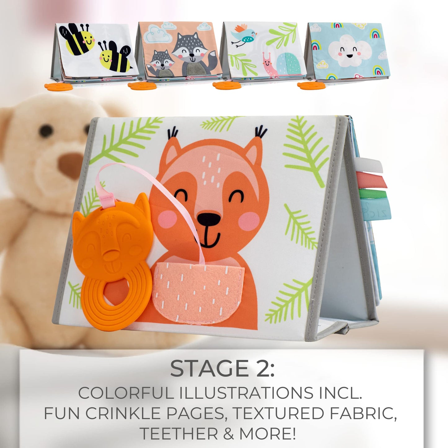 ZICOTO Soft Tummy Time Book - Multi Color, Medium Size, Silicone - Sensory Developmental Toy with Baby Safe Mirror for Newborns/Infants