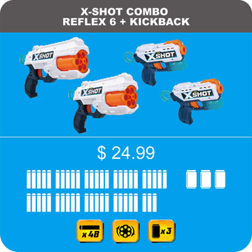 Xshot Excel Double Kickback Double Reflex 6 Foam Dart Blaster Combo Value Pack (48 Darts, 3 Cans) By Zuru, 36354