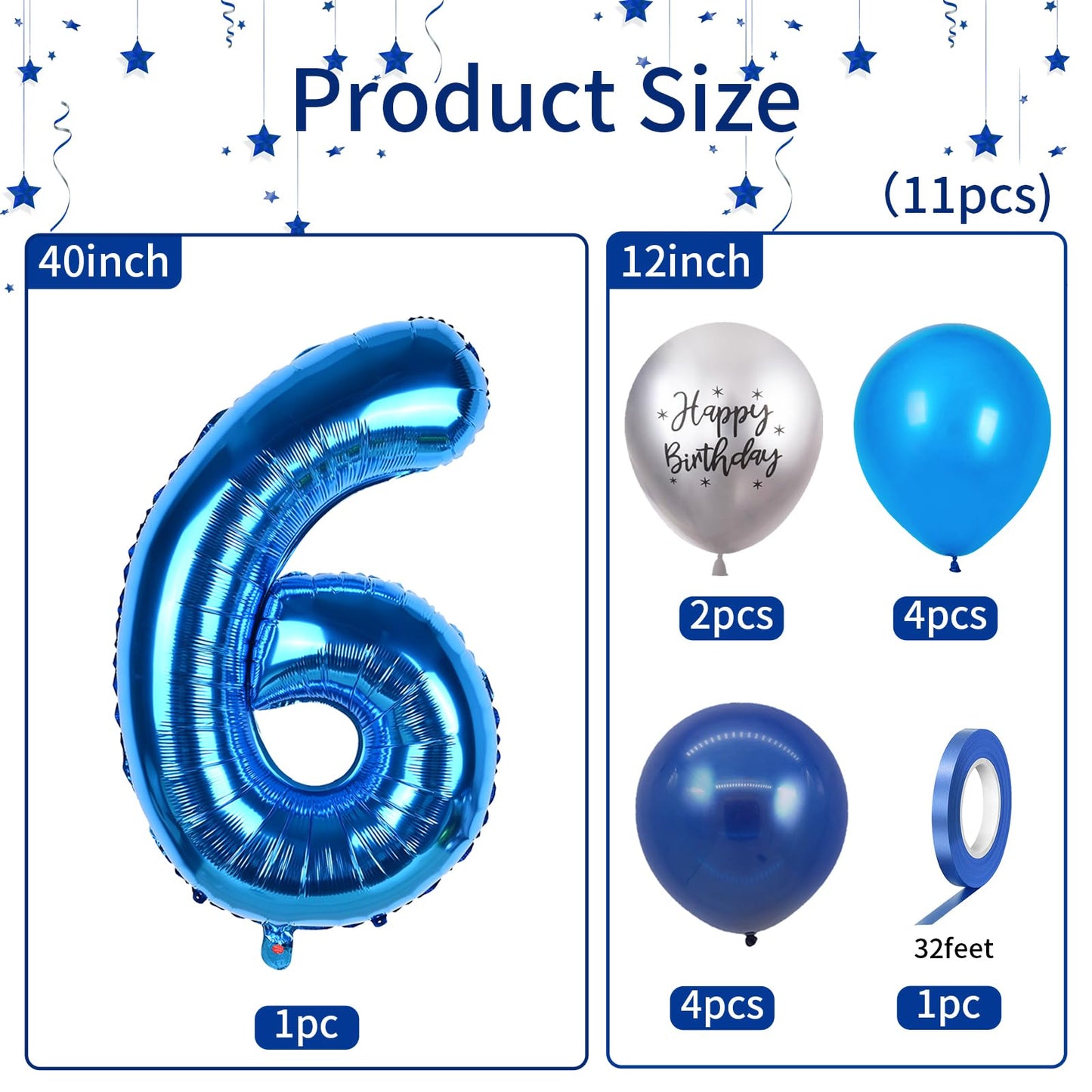 40 Inch Blue Number 6 Balloon, 6Th Birthday Balloons, 11Pcs Silver Birthday Print Balloons Dark Light Blue Latex Balloons 6 Foil