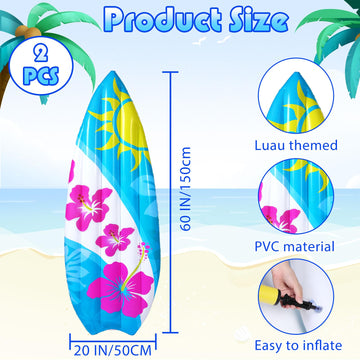 Foilswirl 2 Pcs 60'' Luau Inflatable Surfboard Hawaiian Theme Beach Pool Float Summer Tropical Blow up Pool Board Blue and Orang