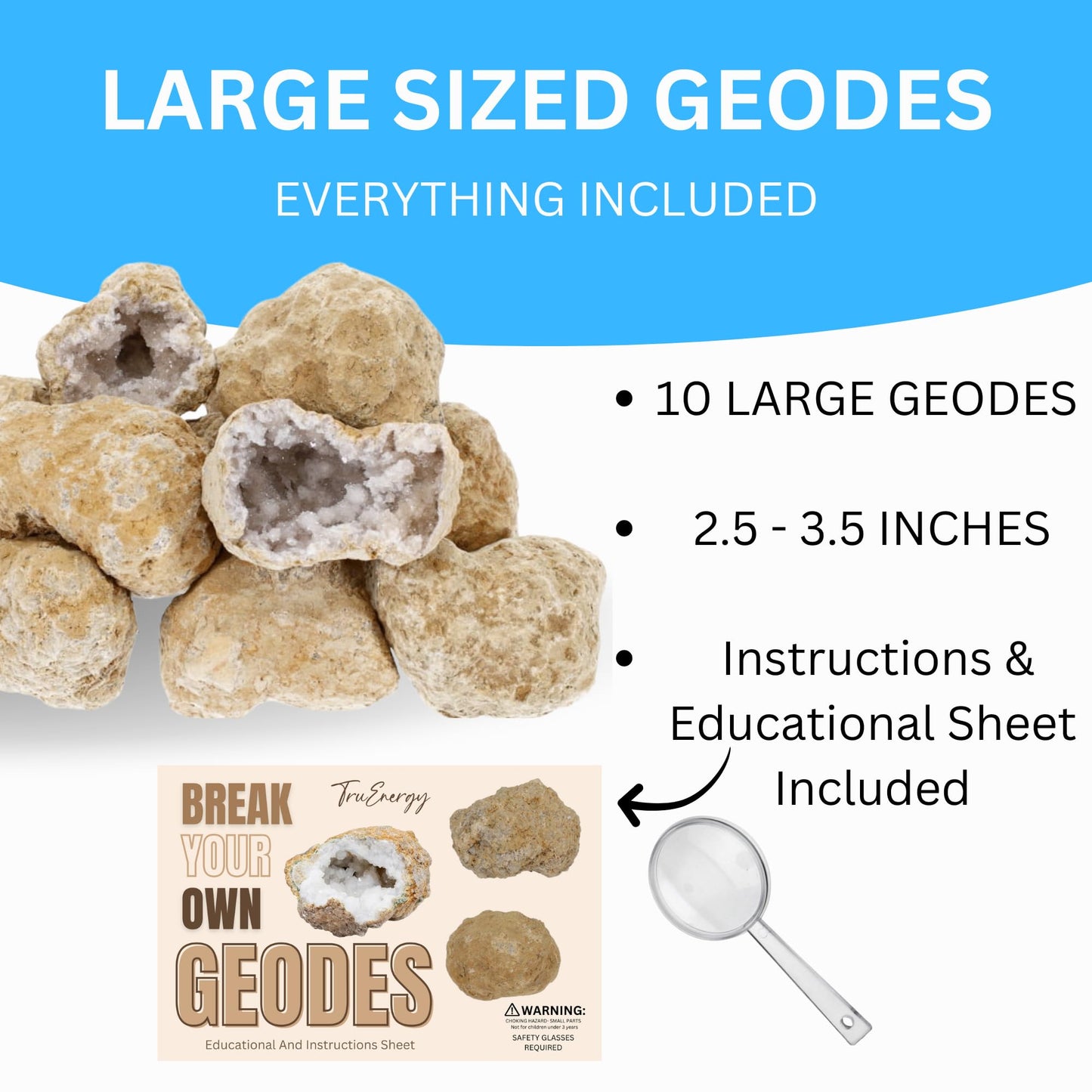 TRUENERGY Large Break Your Own Geodes 10 (2.5 -3.5) enhanced Easy to Open Geode with Crystals - Includes Magnifying Glass and Instructions  STEM Science Kit