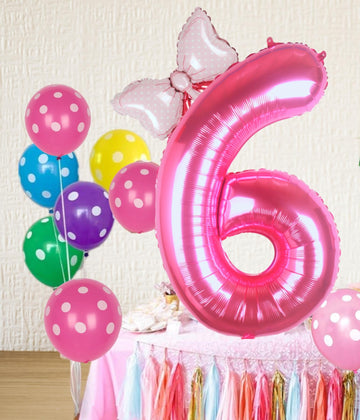 Kwuz 40 Inch Pink Number 6 Balloon with Mini Bow Balloon for Girls 6th Birthday Decorations, Pink Princess Western Cowgirl Theme