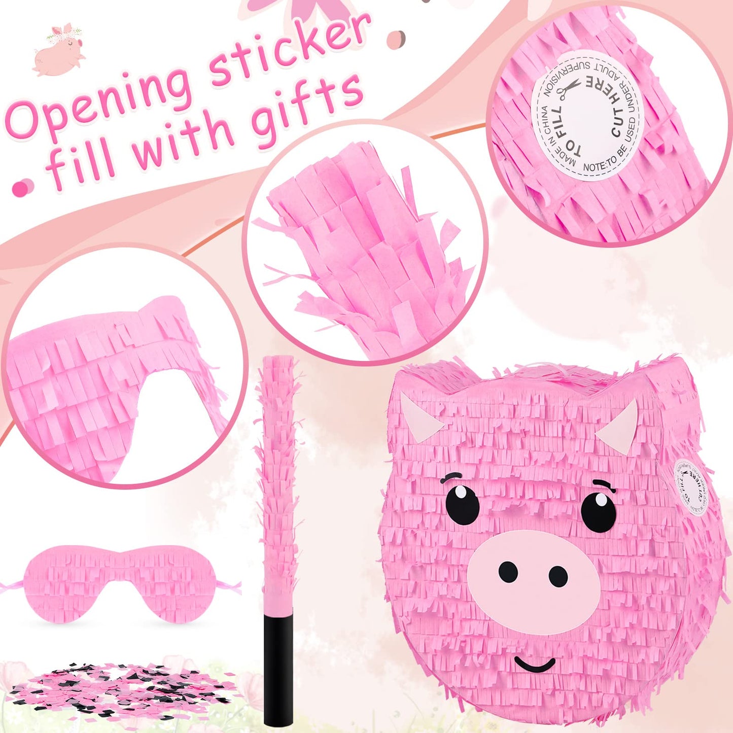 Deekin Pig Piñata Stick Set with Blindfold and Confetti - Pink Party Supplies for Kids Birthday and Farm Theme Celebrations