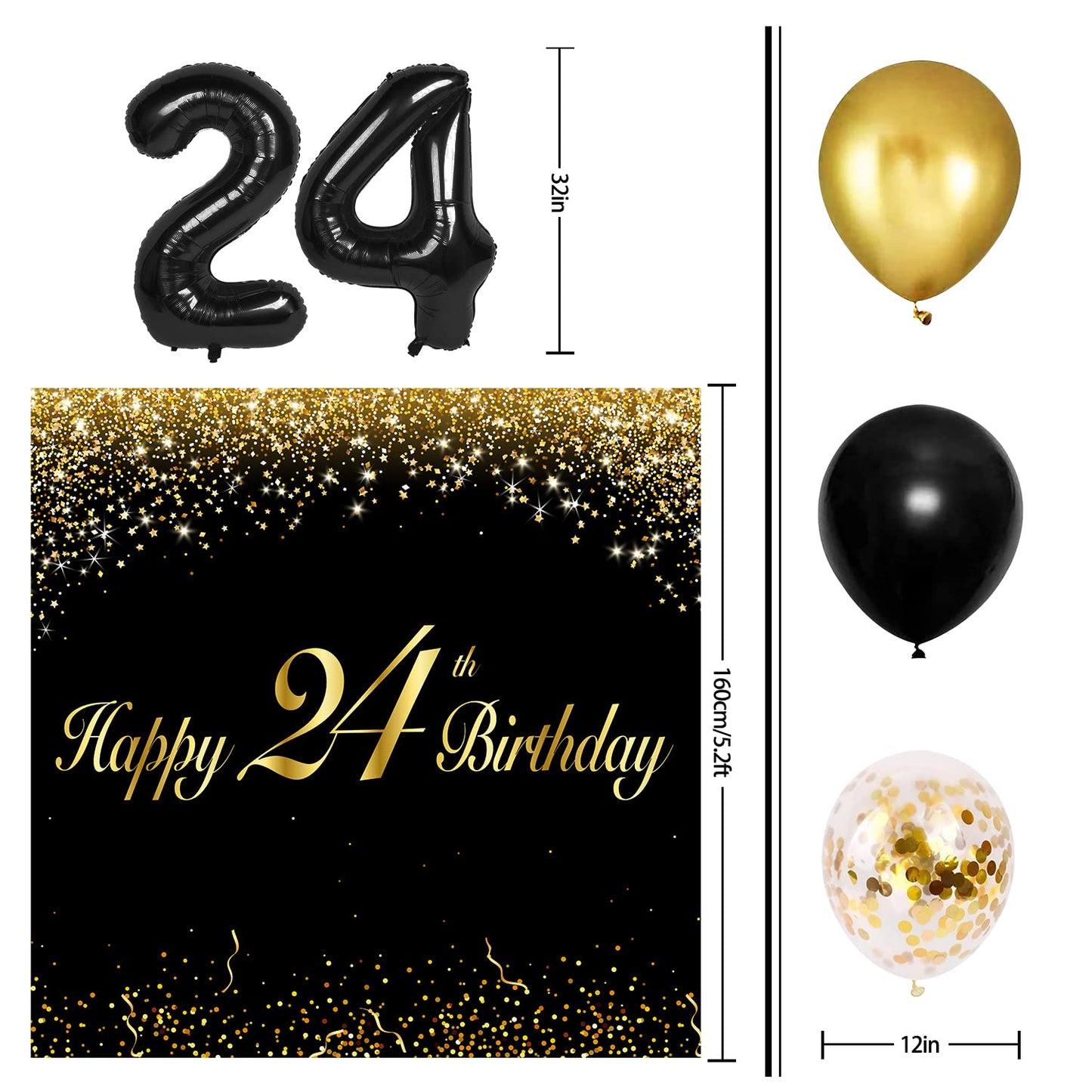 Happy 24Th Birthday Balloons Black Set Decor - Cheers To 24 Years Old Party Theme Garland Banner Backdrop Decorations For Women