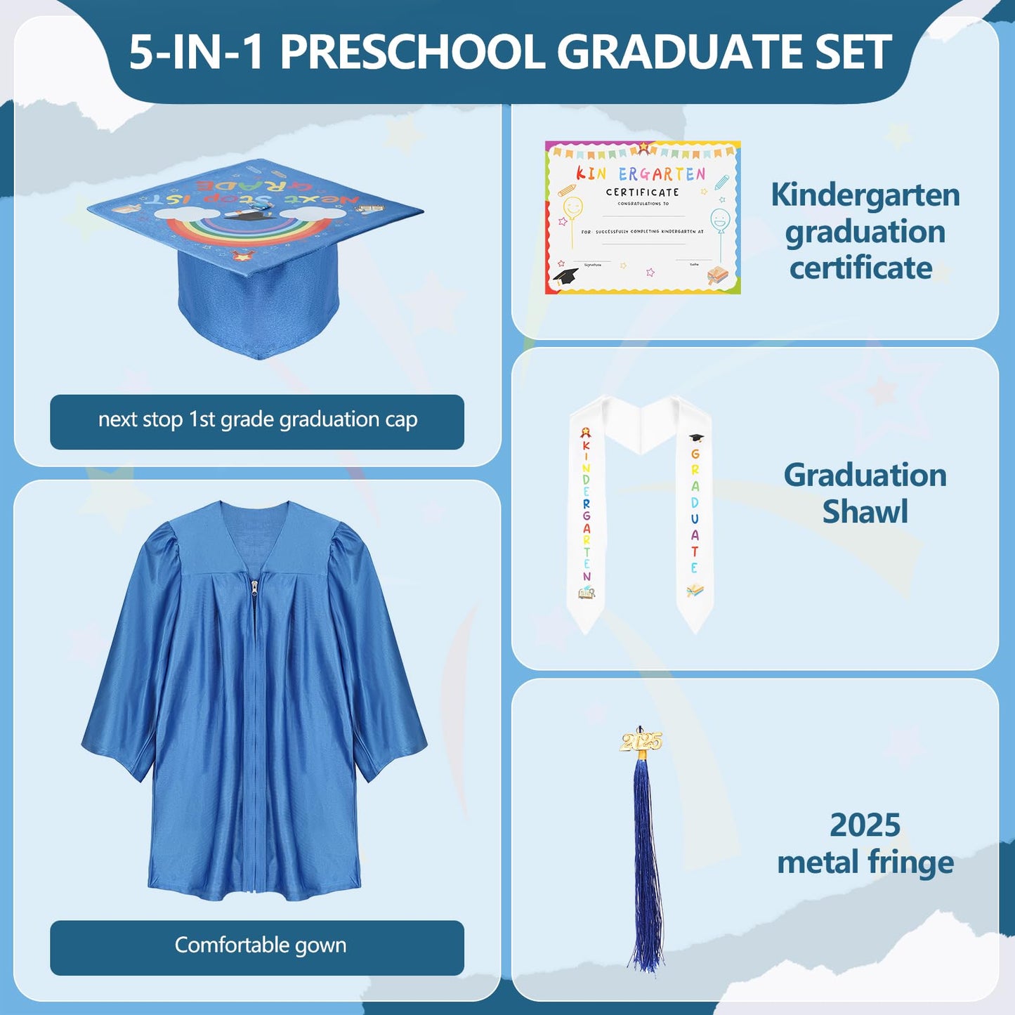 Kindergarten Graduation Cap And Gown - 2025 5-In-1 Preschool Graduate Set, Includes: Gown, Next Stop 1St Grade Cap, Graduate Sto