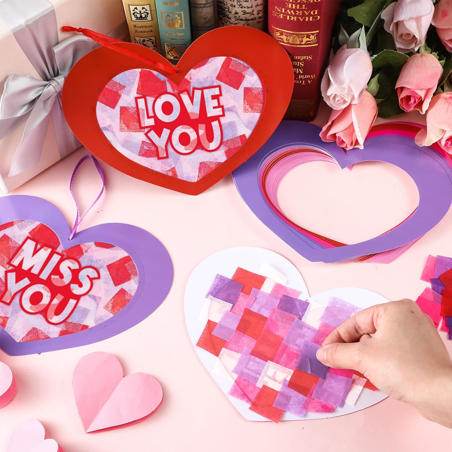 Realspring 24 Sets Valentines Day Crafts for Adults Conversation Suncatcher Crafts Kit Valentines Heart Cutout DIY Tissue Paper