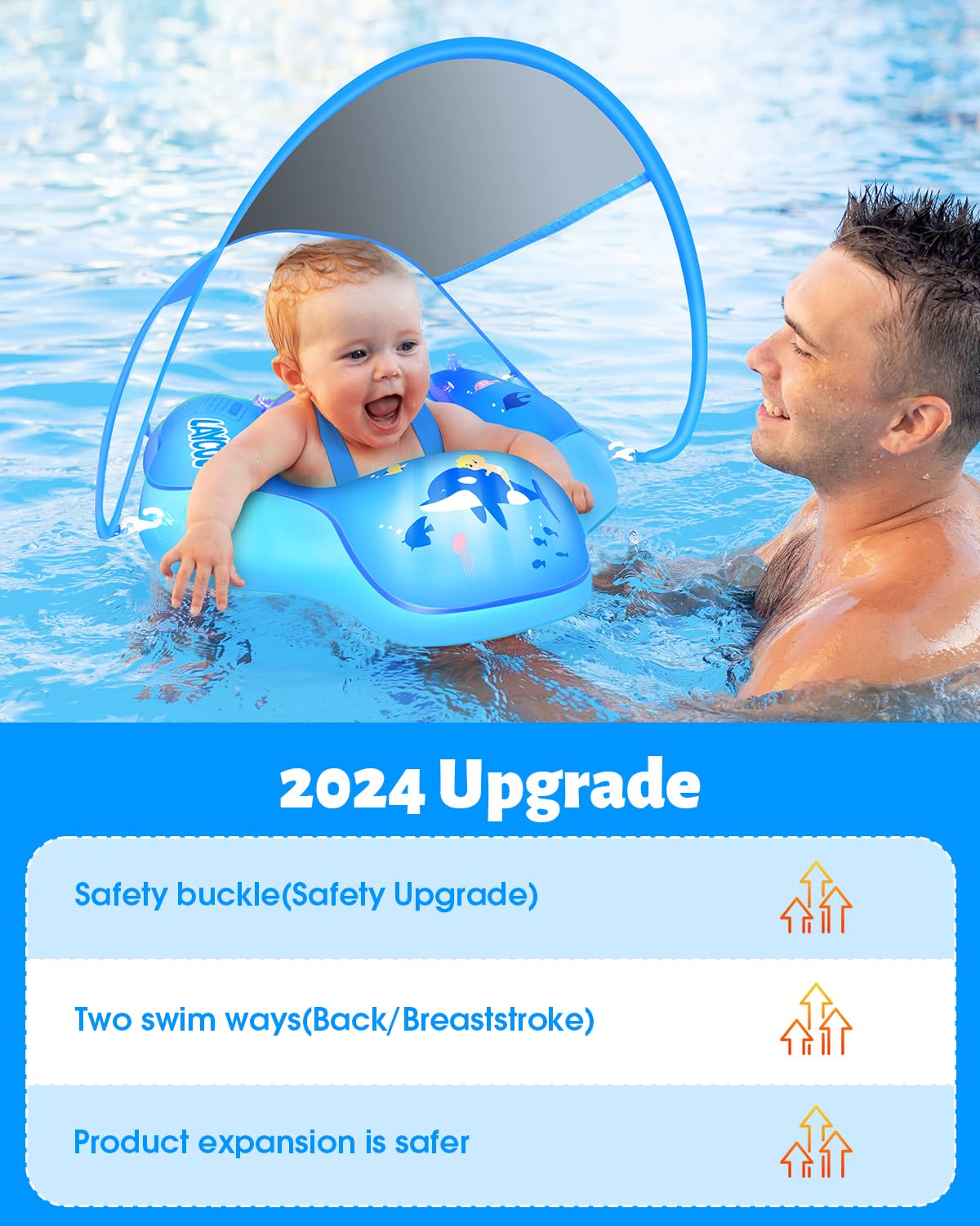 LAYCOL Baby Swimming Float Ring XL - Inflatable with Sun Canopy, No Flip Over, Deep Blue, Model B1214Y for Ages 3-36 Months