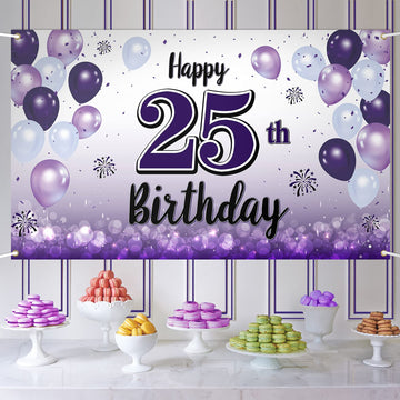 LASKYER Happy 25th Birthday Decorations,25th Purple Balloon Large Birthday Banner Backdrop Sign,25 Years Old Bday Party Supplies