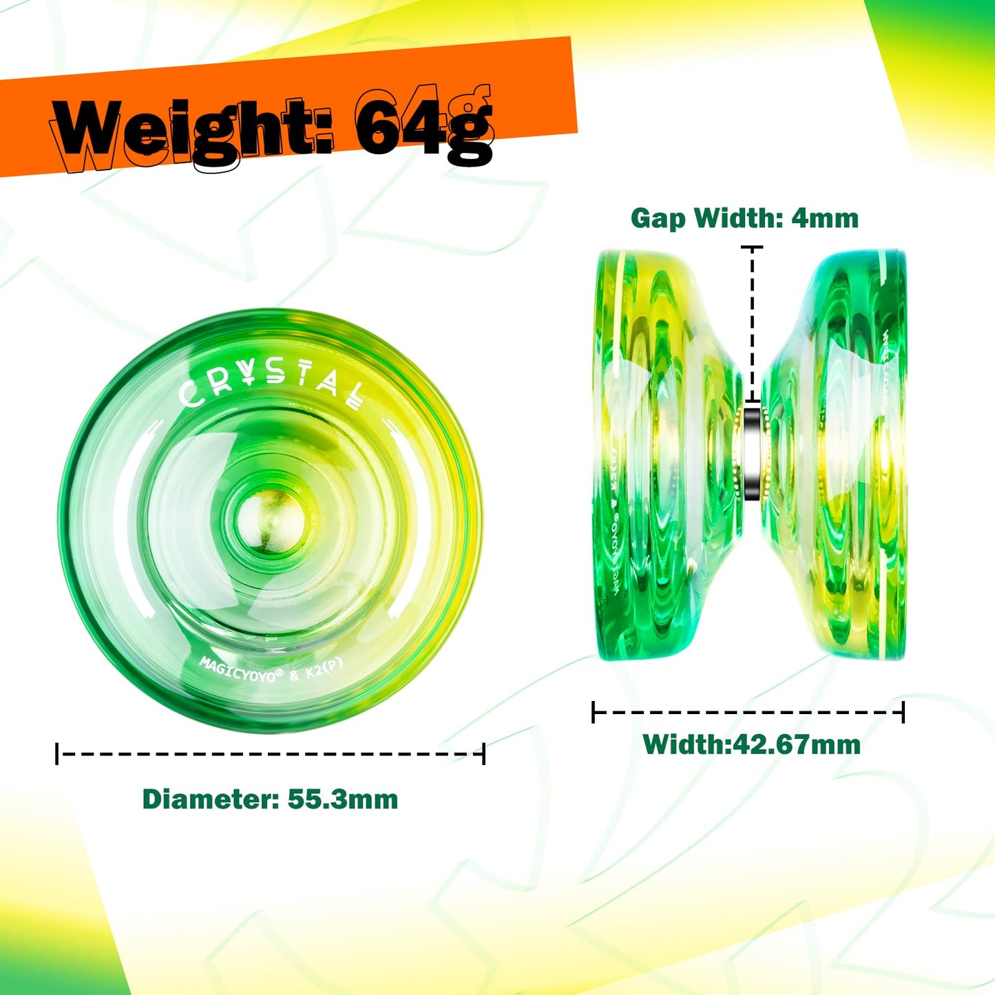 Professional Responsive Yoyo For Kids, K2 Crystal Dual Purpose Yoyo Replacement Unresponsive Yo-Yo Bearing For Intermediate, Plastic Yoyo With 12 Yoyo Strings, Yoyo Storage Bag (Green Yellow Gradient)