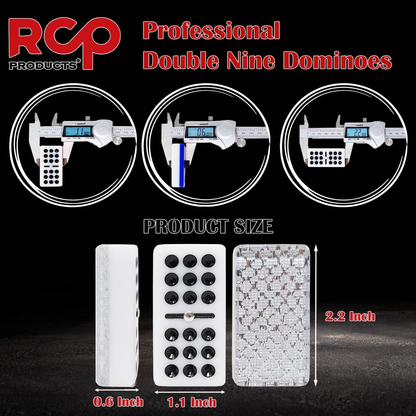 RCP PRODUCTS Double 9 Dominoes Set - 55 Tiles, Acrylic, Medium, Silver, Includes Metal Spinner and Wood Case, Perfect for Adults