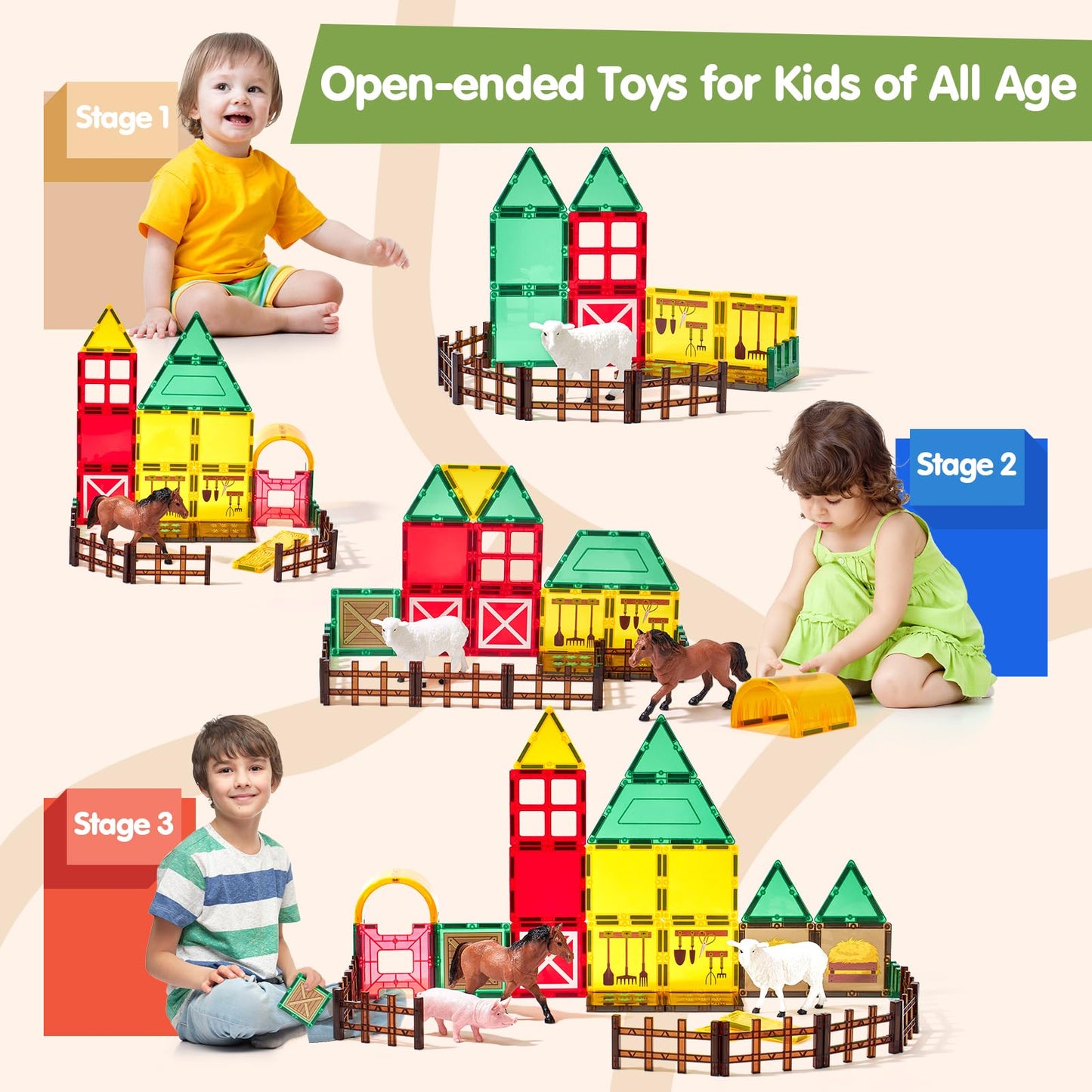 Coco&Friends Magnetic Tiles Farm Animals For Toddlers Kids Ages 2-8 - Magnetic Blocks Building Stem Toys For 3 Year Old Girl Boy