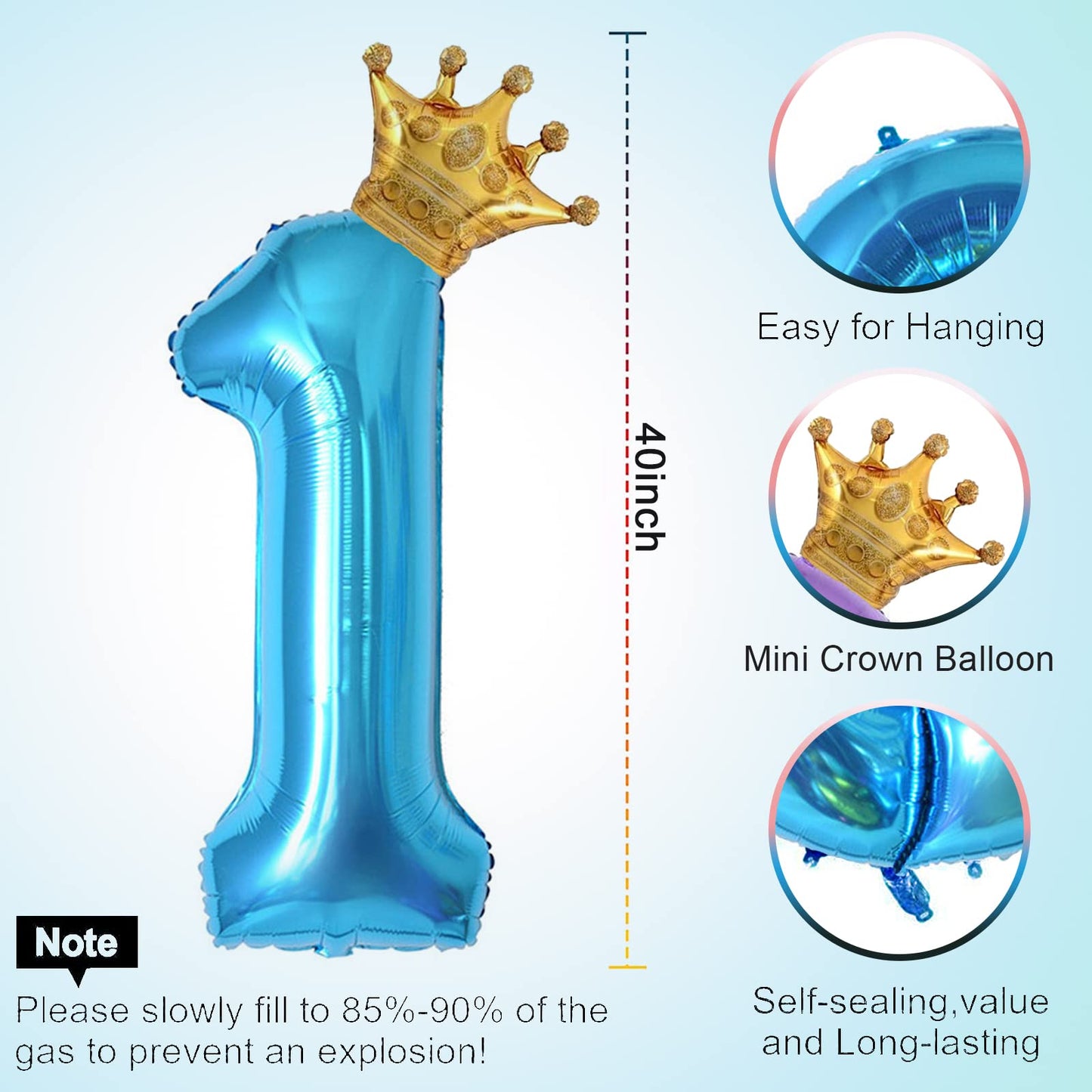 40 Inch Light Blue Number 1 And Mini Crown Balloon For 1St Birthday Party Decorations, Light Blue Birthday Party Balloons Decora