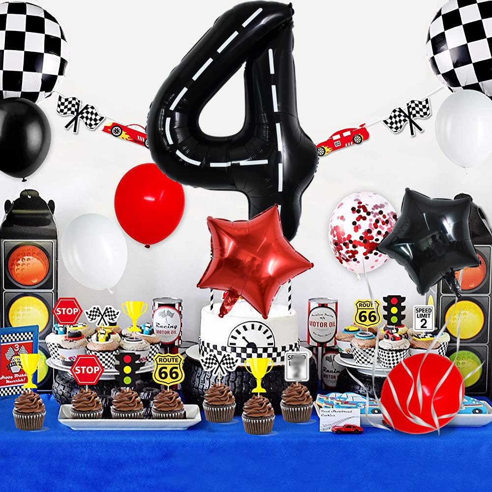 Toniful 40 Inch Race Car 4Th Birthday Balloons Racetrack Number 4 Black Balloons Wheel Tire Balloons Black White Checkered Ballo