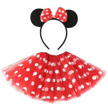 Cumwoen Polka Dots Tutu With Mouse Ears Headband Girls Halloween Costume Birthday Dress Up Accessories Red