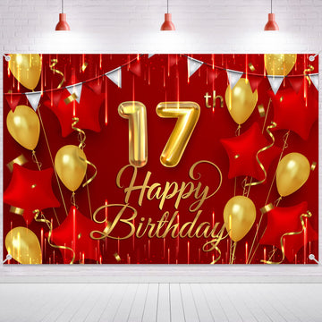 17Th Birthday Backdrop Banner Decorations Red And Gold For Boys Girls Happy 17 Years Old Bday Background Photography Party Decor Sign Supplies