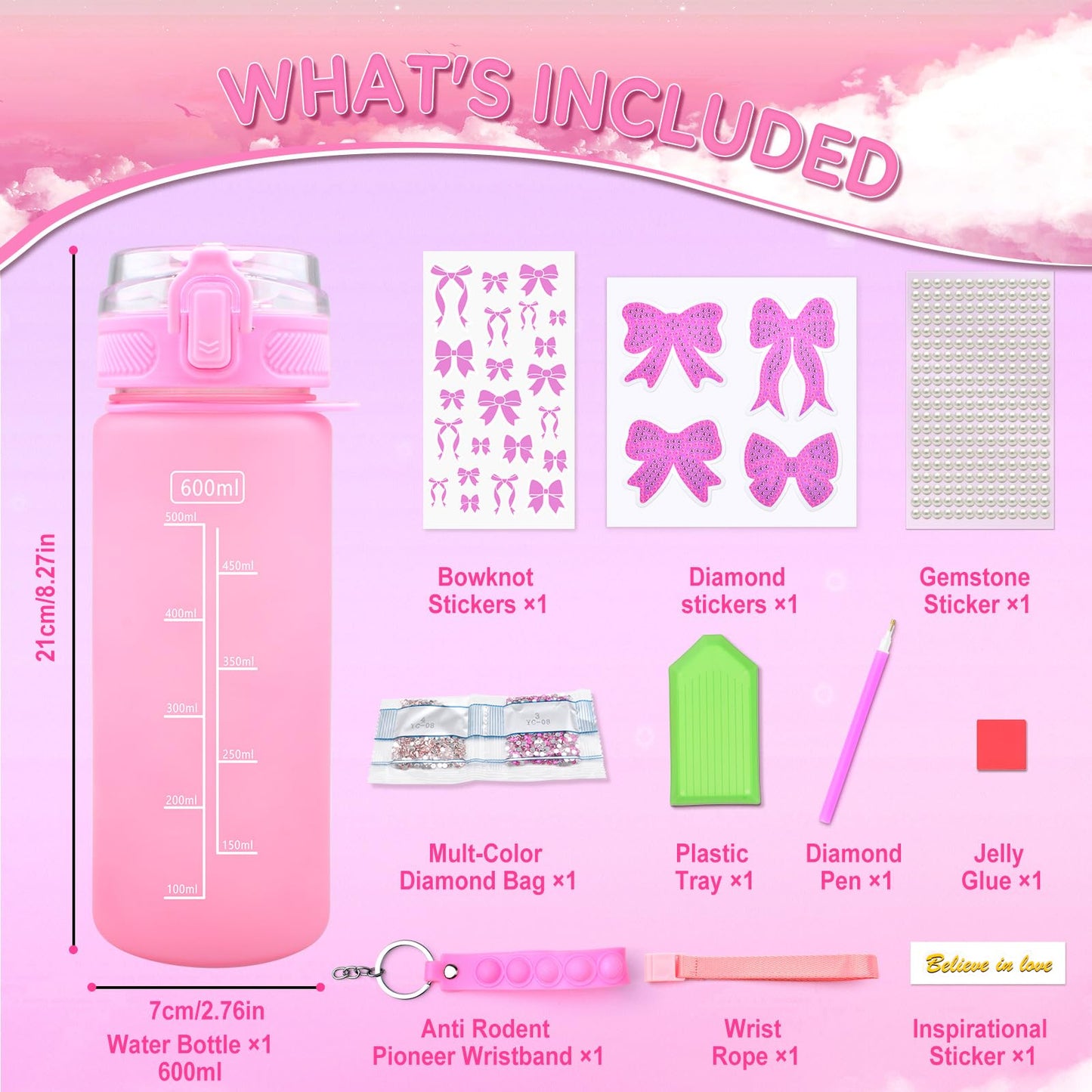 ASIOWELY Decorate Your Own Water Bottle Kits for Girls Age 4-6-8-10, Pink Bow Pattern Diamond Painting Art and Crafts for Boys A