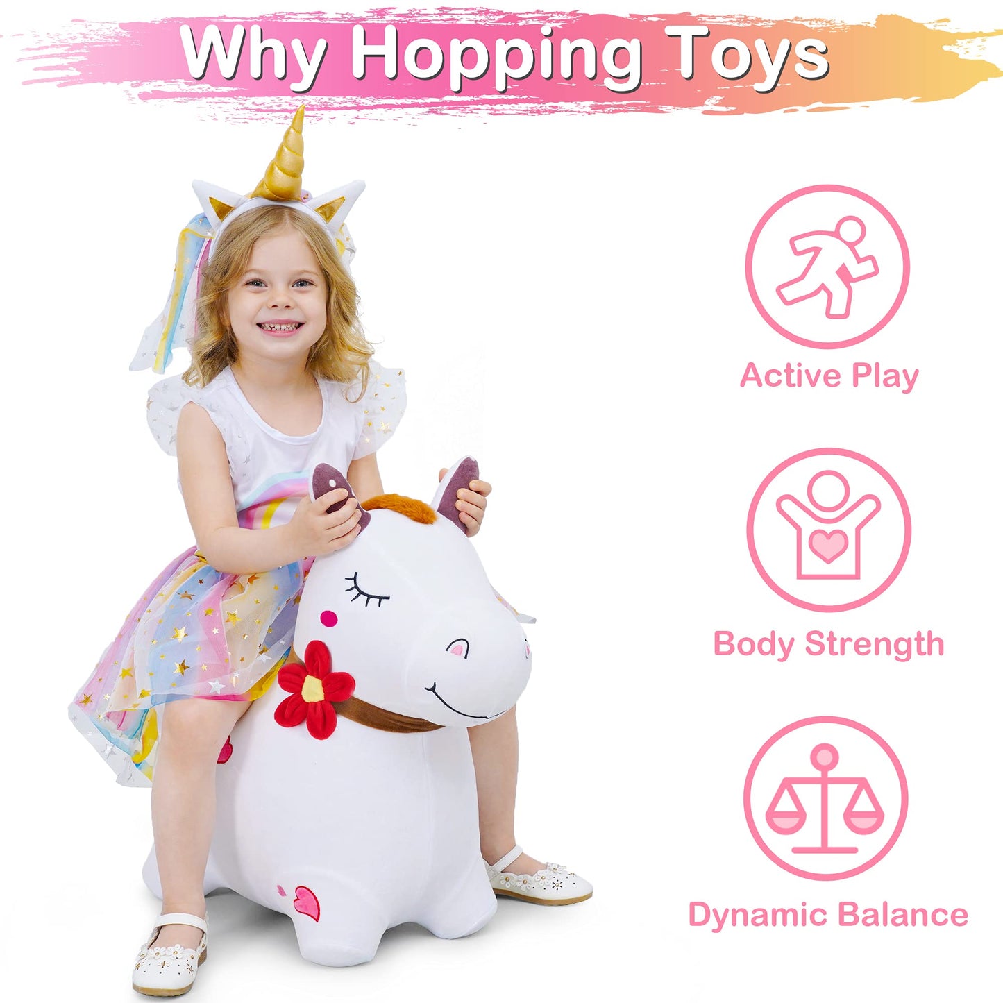 iPlay, iLearn Bouncy Pals Inflatable Hopping Horse Toy, Plush, Large, White, Birthday Gift for Toddlers 18-24 Months, 2-5 Years