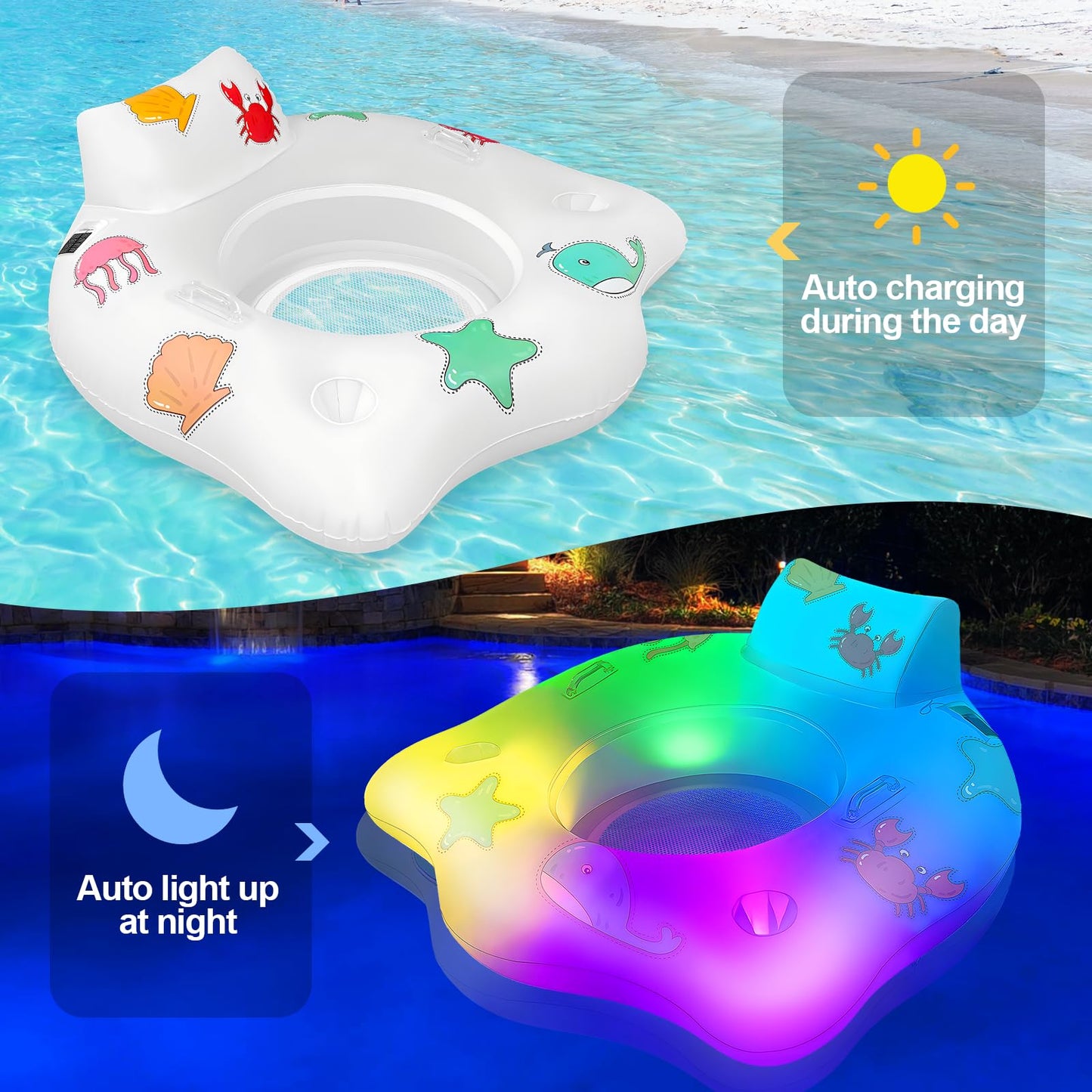 Inflatable Pool Floats Chair with Colorful Light Solar Powered Pool Chair with Color Changing with 2 Cup Holders & 2 Armrests Suitable for Kids mature-themed