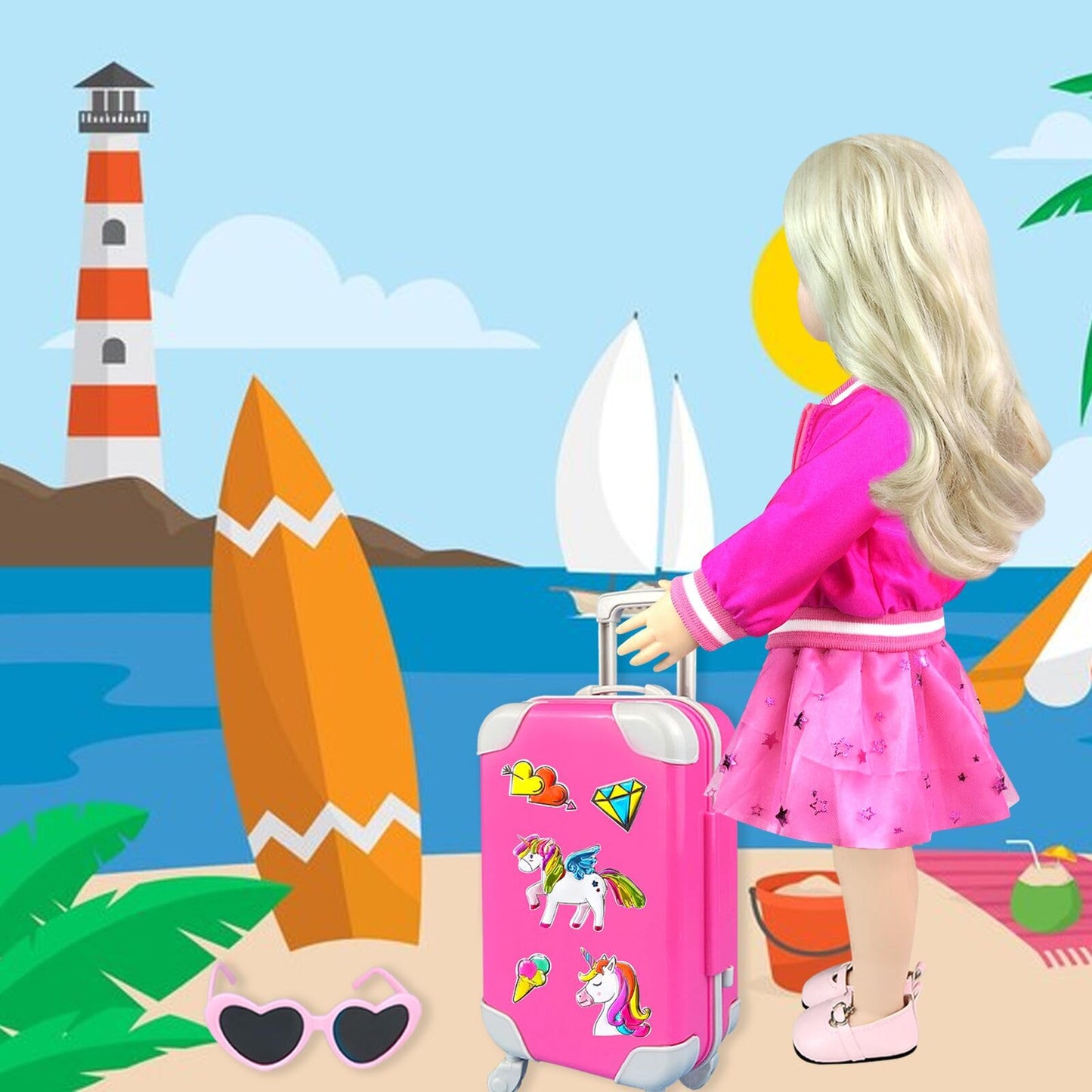 23Pcs 18 Inch Girl Doll Accessories Case Luggage Travel Play Set With Doll Clothes Cute Bag Computer Glasses Pretend Makeup Toy Stickers Doll Stuff Fit 18 Inch Doll Christmas Birthday Gift