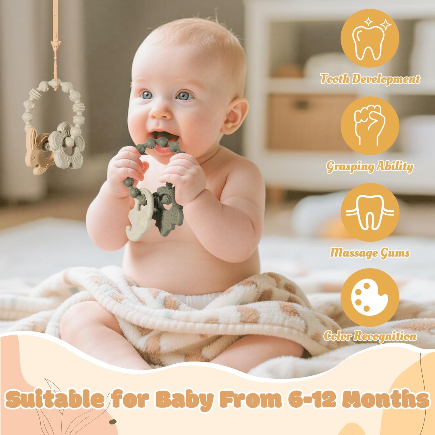 Silicone Teether Toys for Babies - 2ooya 3Pcs Animals Themed Teething Ring, Flower Leaves Baby Sensory Chew Toys with Rattles fo