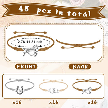 Sureio 48 Pcs Horse Rope Braided Bracelet Gifts Bulk Horse Goodie Party Favors Western Cowgirl Cowboy Adjustable Wedding Bridal