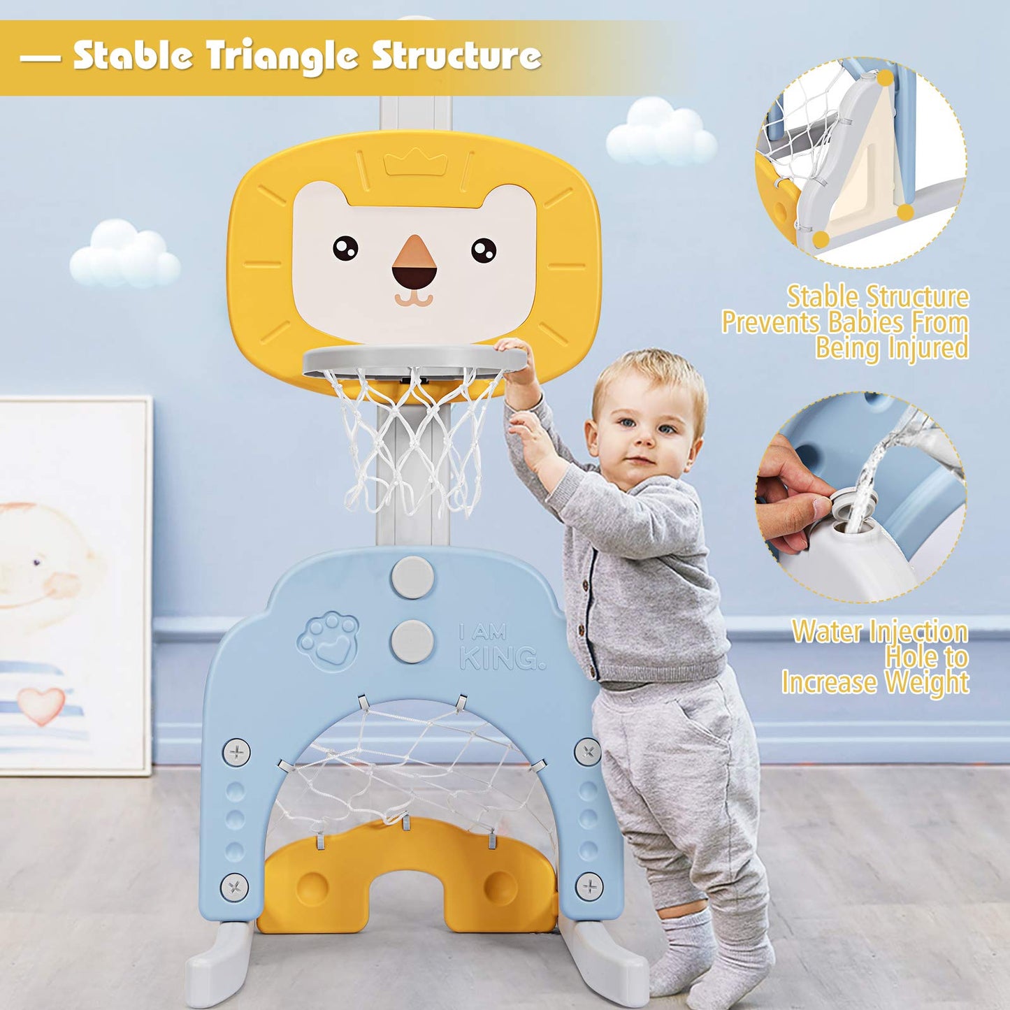 Akustik 3 In 1 Toddlers Basketball Hoop Stand, Adjustable Height Sports Center With Basketball Soccer Golf Game Set, Portable In