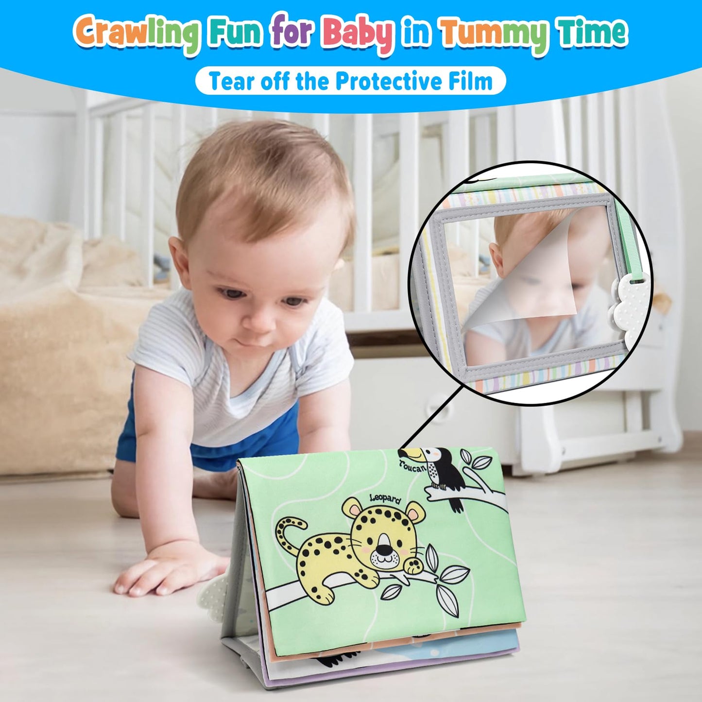 Dr.Rapeti Soft Tummy Time Book Baby Safe Mirror With Teether Crinkle Pages Tummy Time Mirror High Contrast Montessori Sensory Toy Tummy Time Toy For Newborn Baby Infant