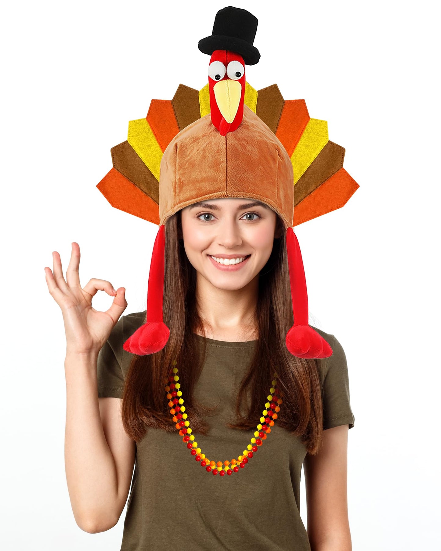 Hikkcos Thanksgiving Turkey Hat And 3 Packs Bead Necklaces Turkey Head Costume Plush Gobbler Hat For Thanksgiving Trot Dress Up