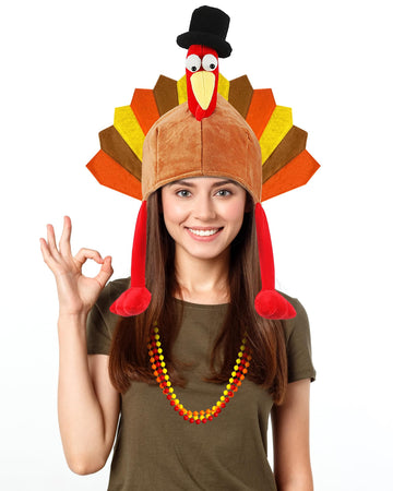 Hikkcos Thanksgiving Turkey Hat And 3 Packs Bead Necklaces Turkey Head Costume Plush Gobbler Hat For Thanksgiving Trot Dress Up