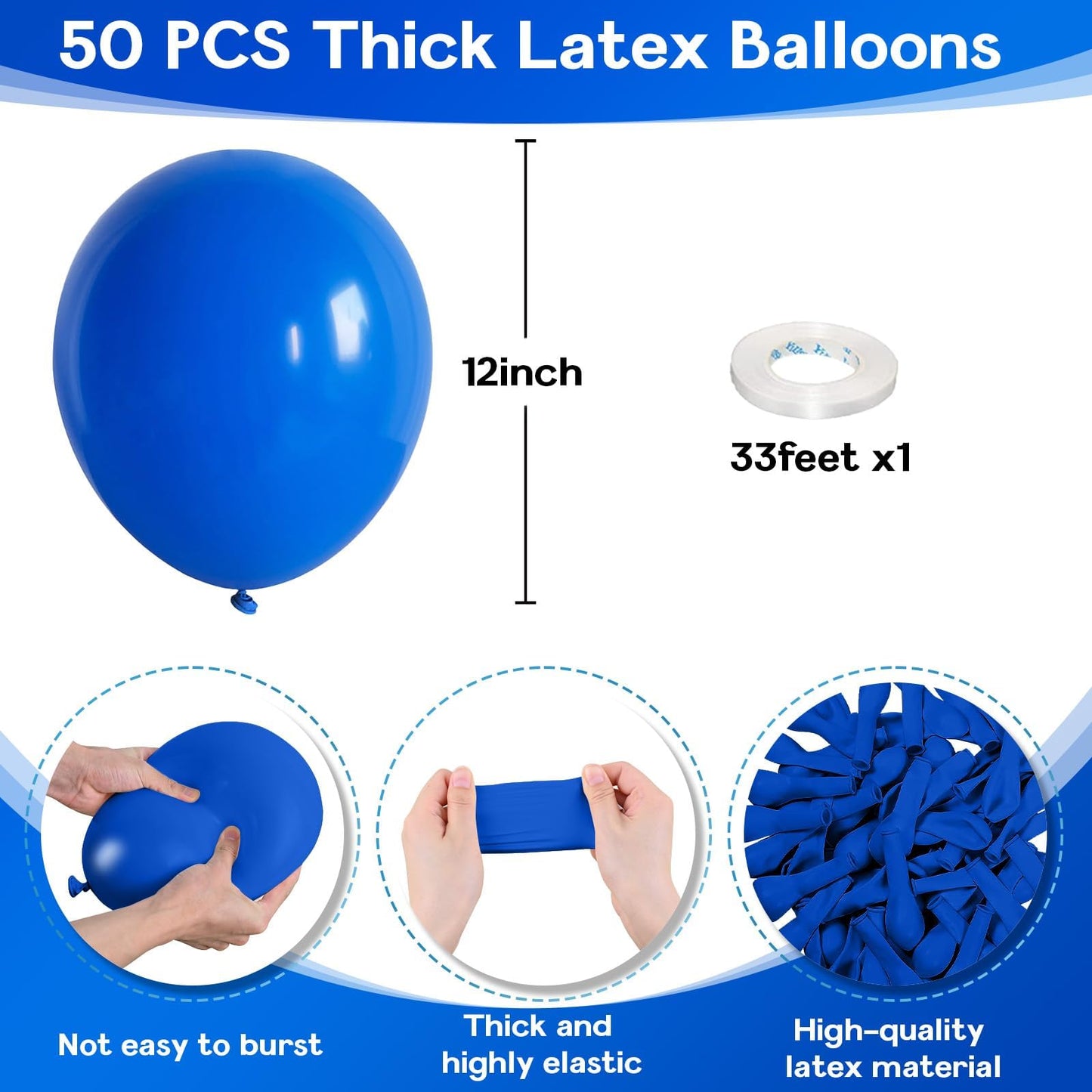 Jobkoo Blue Balloons 12 Inch, 50Pcs Dark Blue Balloon Kit Royal Blue Latex Balloons Matte Blue Helium Party Balloons For Boys Bi