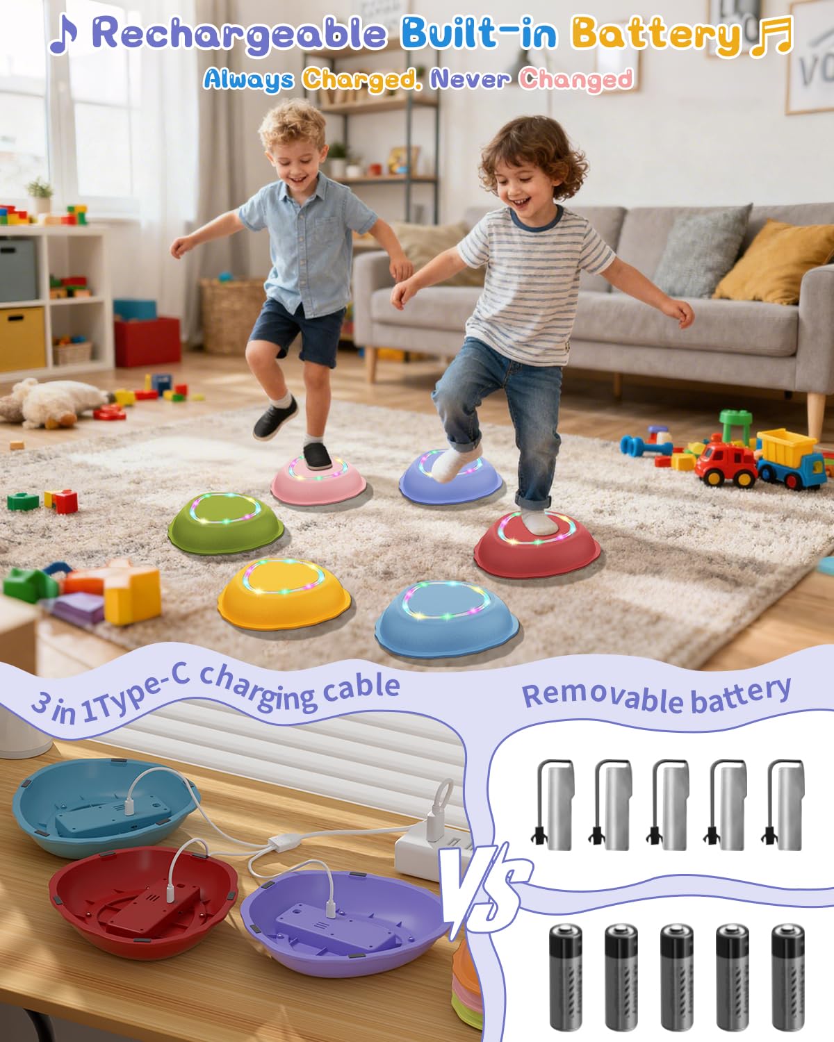 XIUREI Rechargeable Stepping Stones - 6pcs Non-Slip Toddler Toys with Light & Music, Morandi Colors for Kids 3-5 Years Old