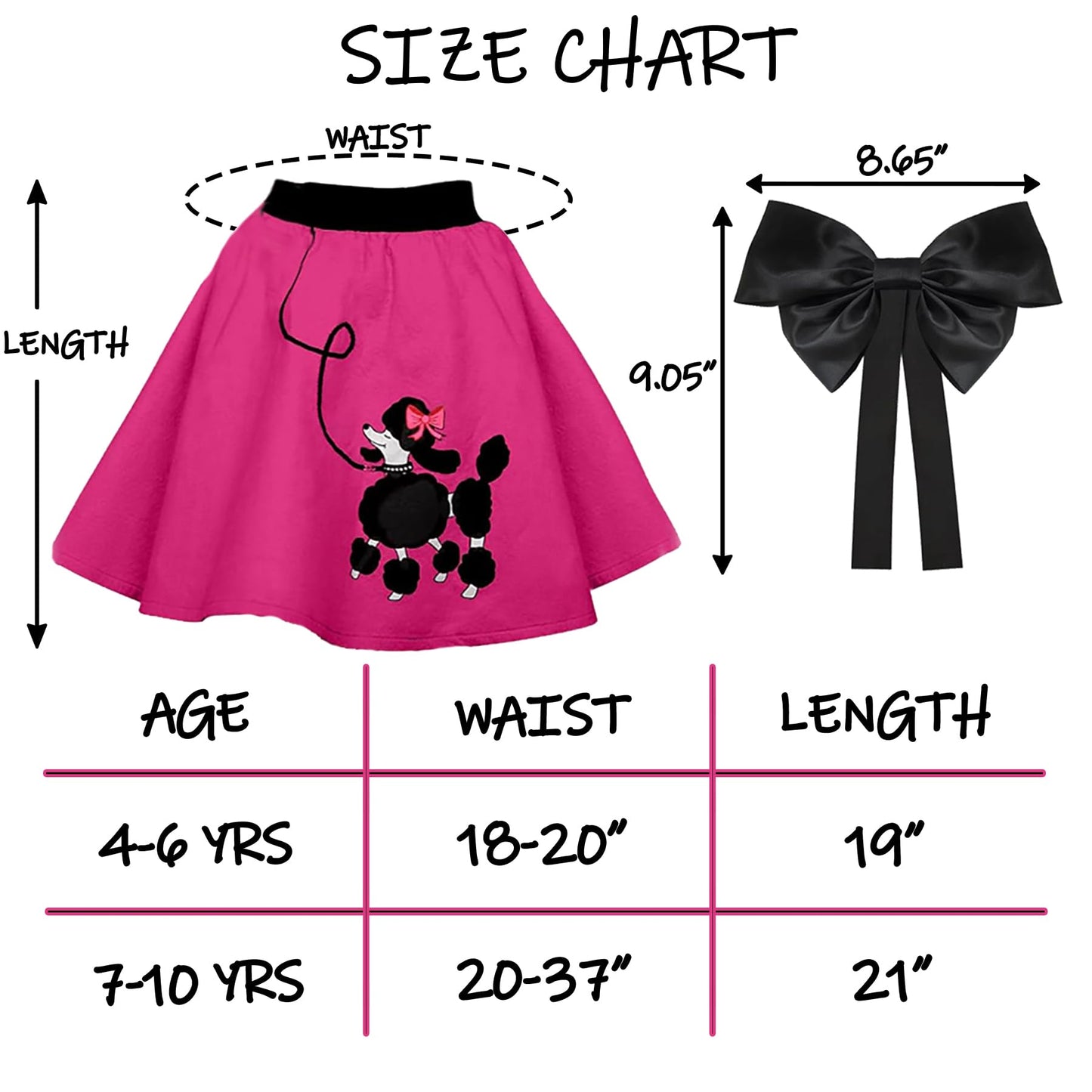1950S Girls Poodle Skirt Dress Up Kit, Bobby Sock,Chiffon Scarf, 50S Costume Outfit For Kids Toddler (Hot Pink, 7-10 Yrs)