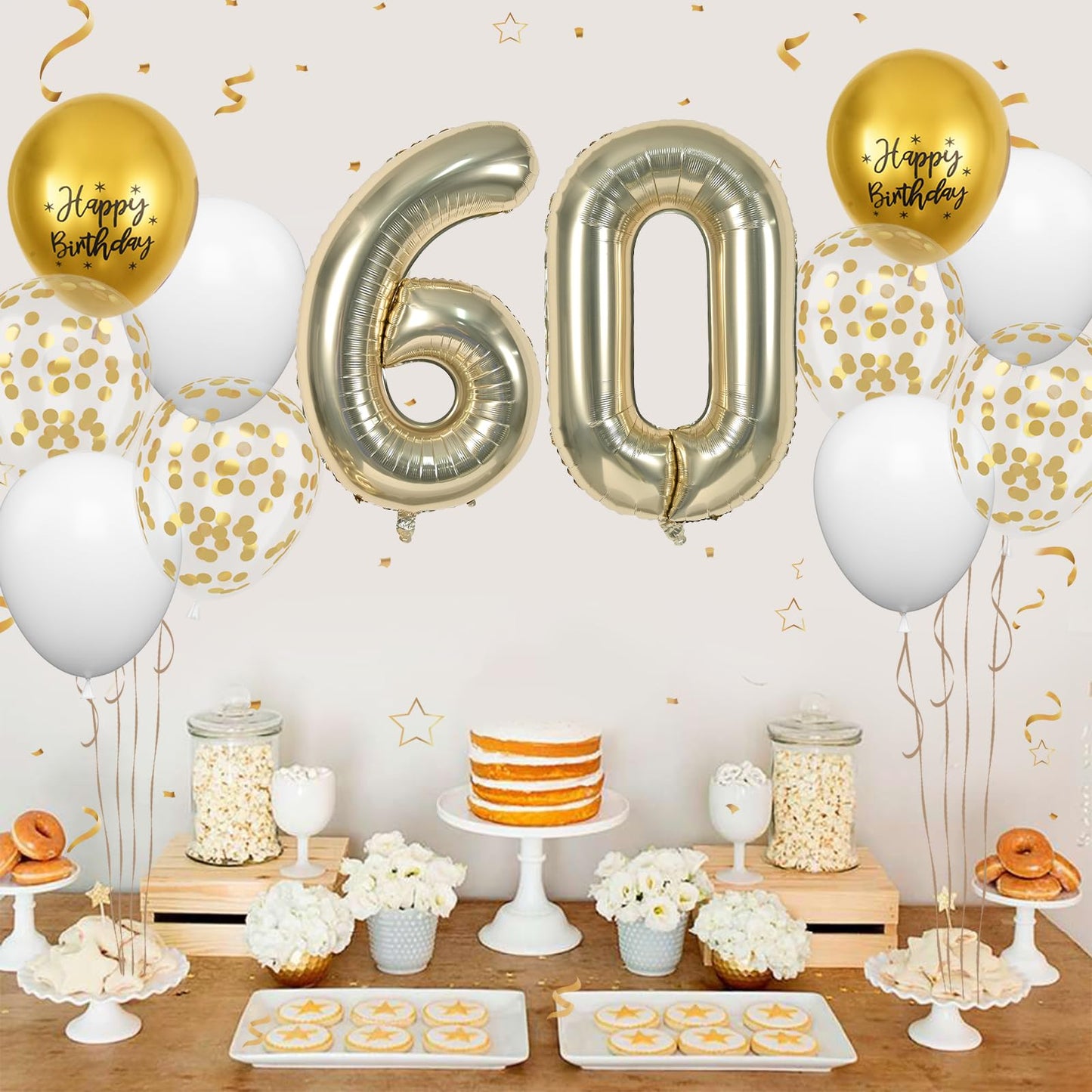FunHot 40-Inch Light Gold Balloon Set - 13Pcs with 60 Number, Confetti, Rubber for 60th Birthday & Anniversary Decorations