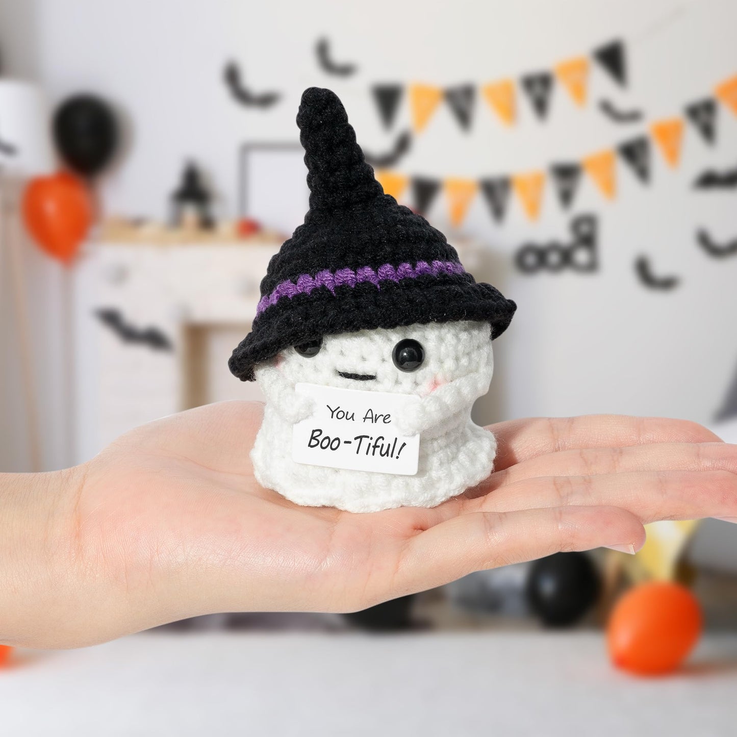 Djianrang Halloween Ghost Handmade Positive Crochet With Inspirational Card Emotional Support Wool Ornaments Mini Positive Knitt