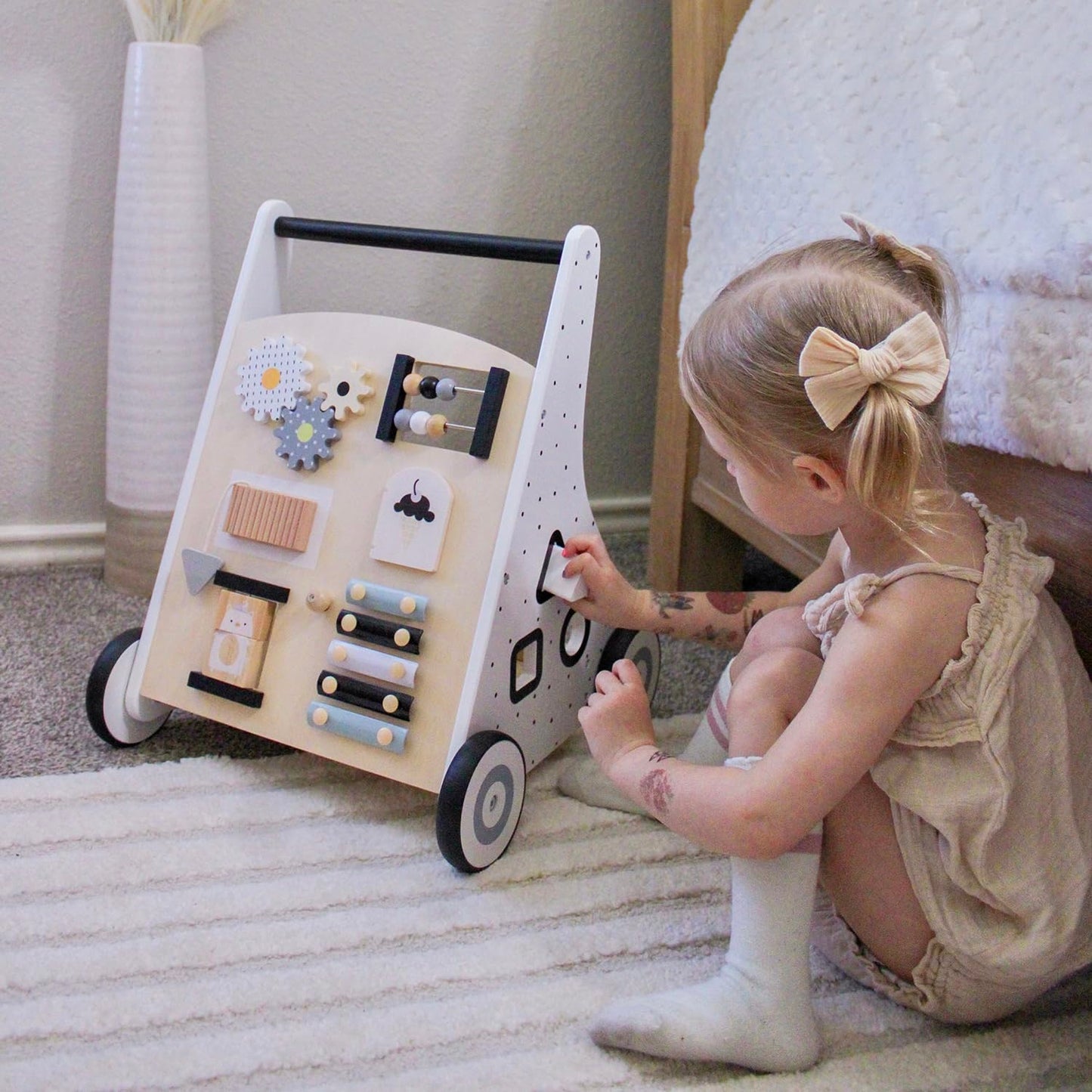 Beright Wooden Baby Walker Push and Pull Learning Activity Walker Kids Activity Toy Multiple Activities Center Develops Motor Sk