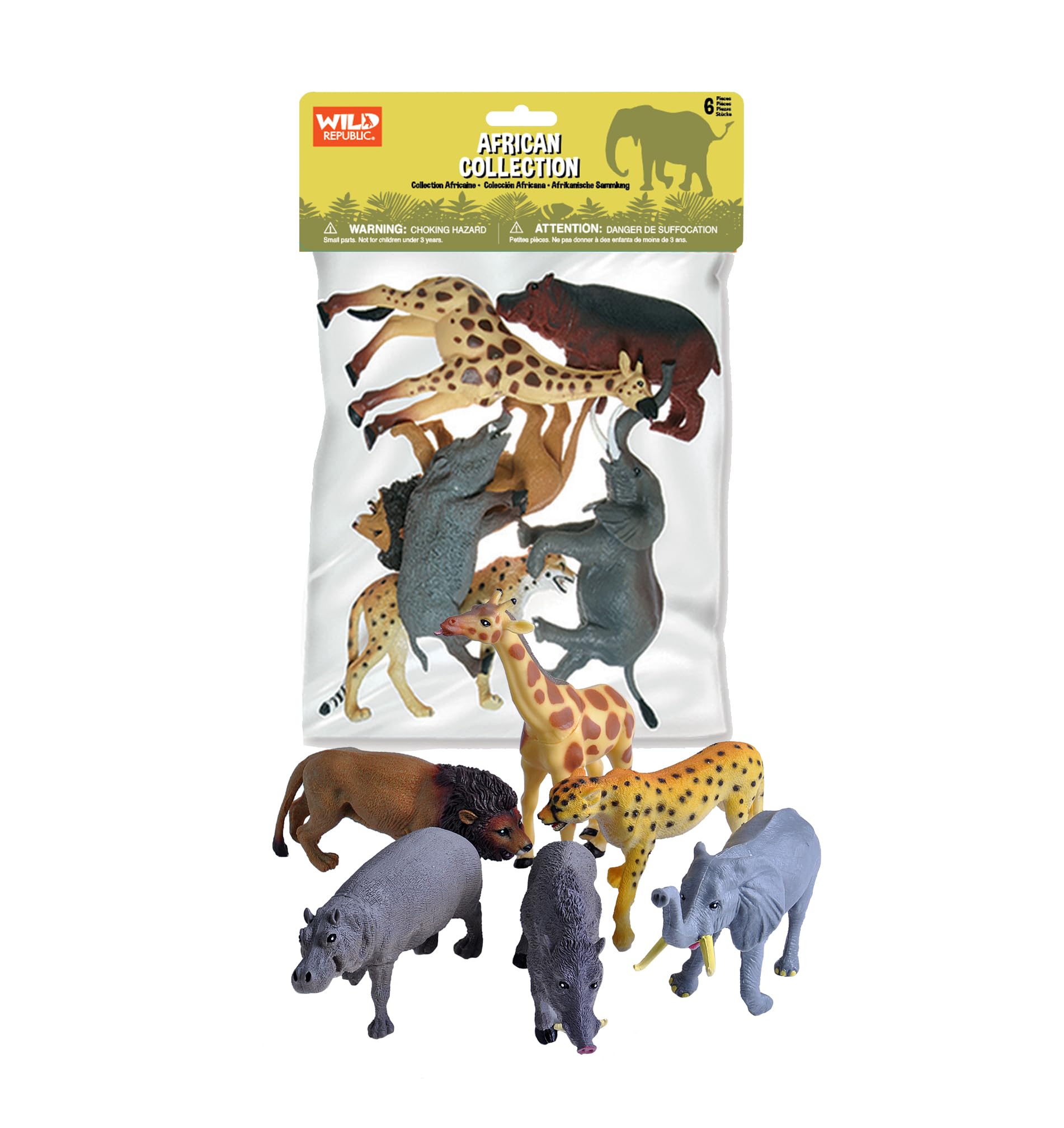 Wild Republic African Animals Polybag, Giraffe, Hippo, Lion, Cheetah, Elephant, Warthog, Toy Figures, 6-Piece