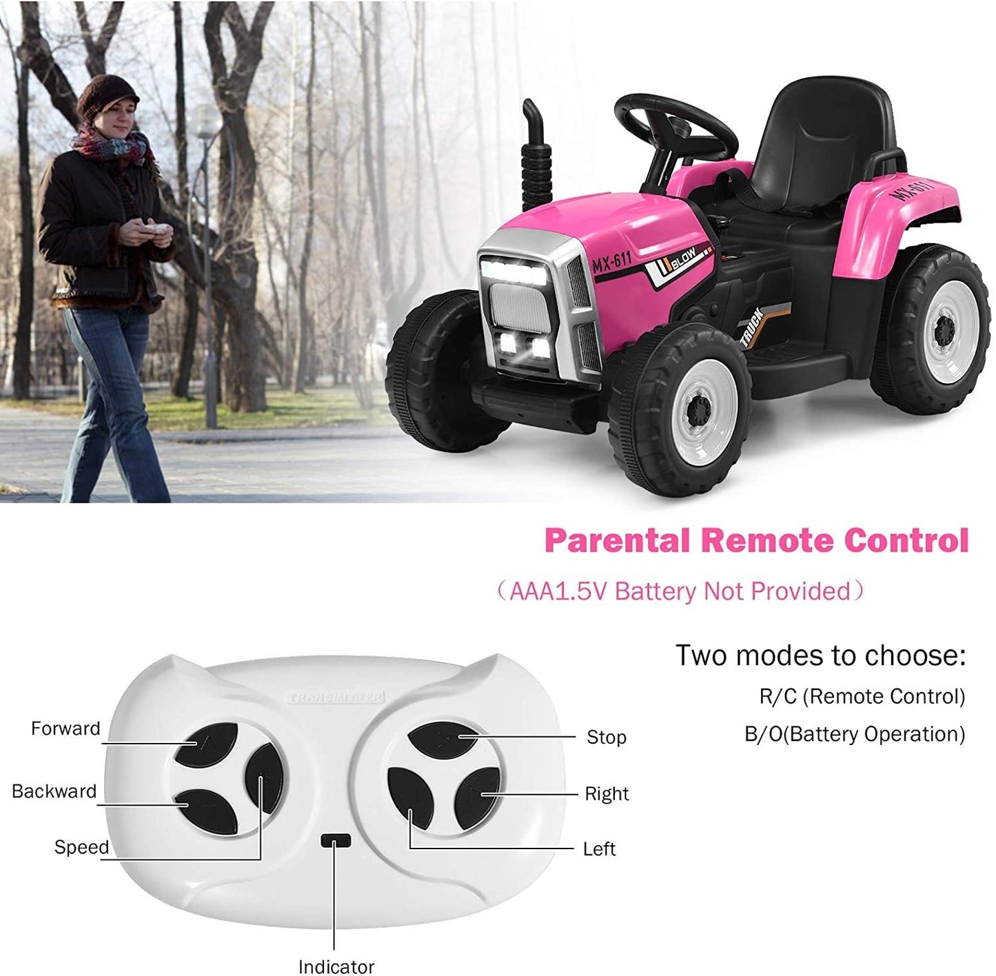 Costzon Ride On Tractor With Detachable Trailer, 12V Kids' Electric Vehicles W/3-Gear-Shift Ground Loader, Wireless Design & Usb, 7 Led Headlights, Remote Control Tractor Toys For Kids 3+ (Pink)