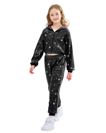 Lolanta Girls Sequin Jacket Dance Trouser Sequin Black Dance Outfits Spring Coat Hip-Hop Dance Costume (Black, 5-6 Years)