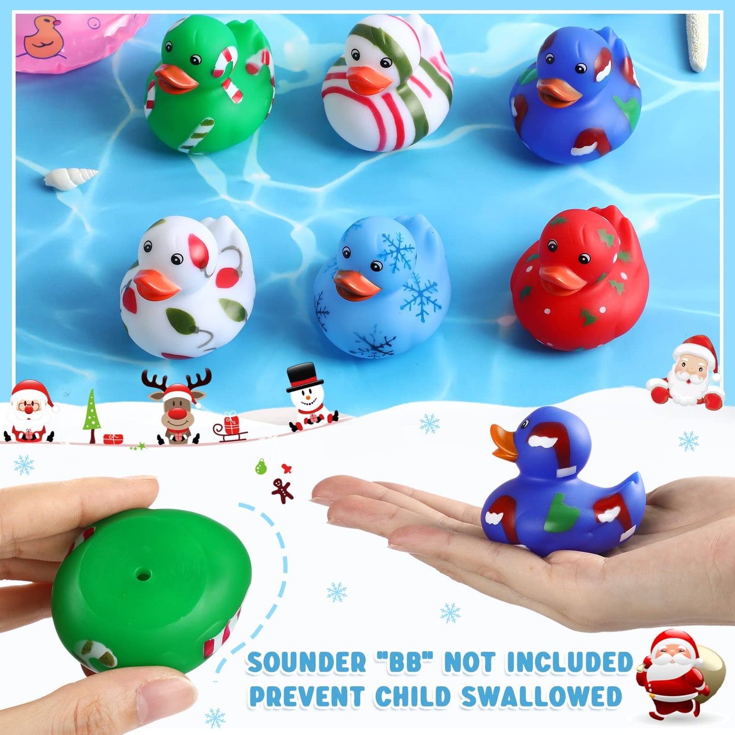 Vinsot Christmas Rubber Ducks Bulk Mini Christmas Bath Toys Snowflake Santa Hat Candy Cane Christmas Tree Print Ducks Xmas Rubber Duckies for Bath(48 Pieces)