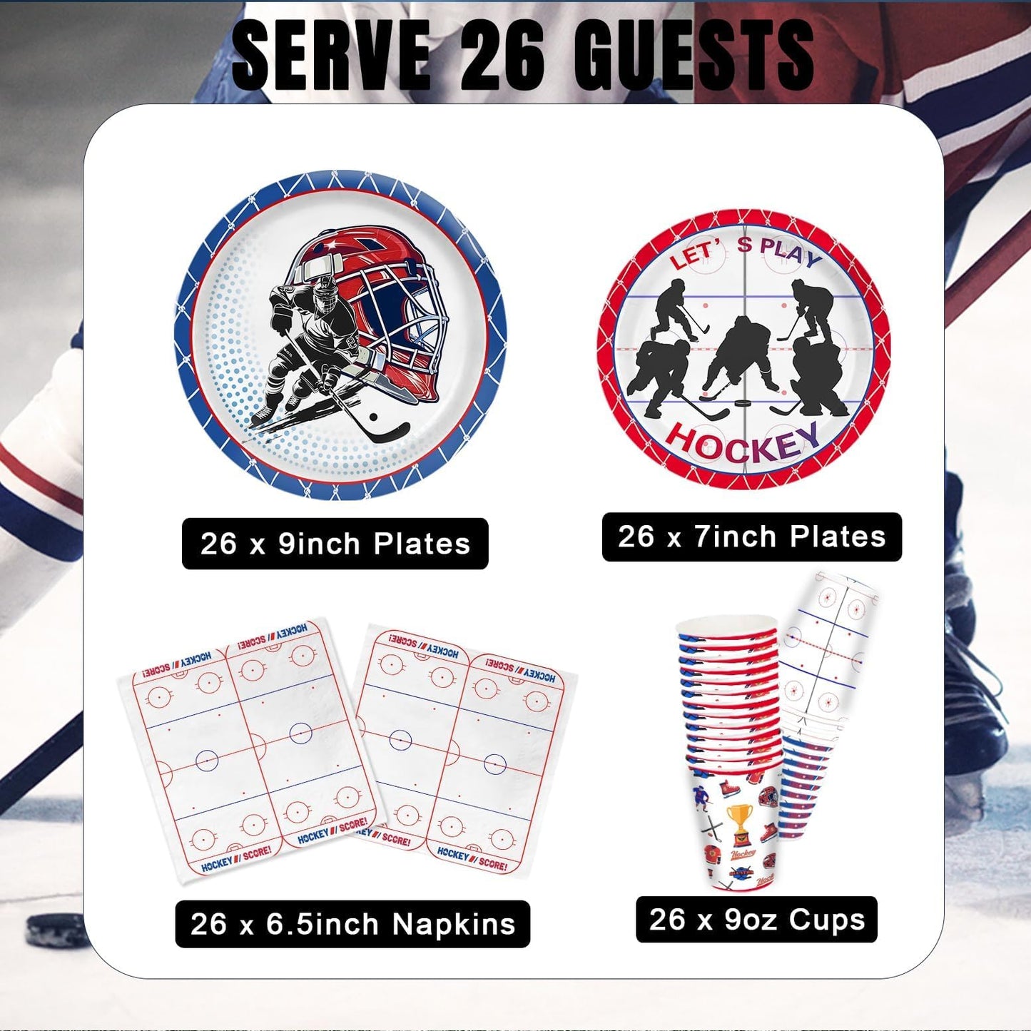 104 PCS Hockey Party Table Supplies Kit Serve 26, Includes Dinner Plates, Dessert Plates, Napkins, Cups for Ice Hockey Birthday
