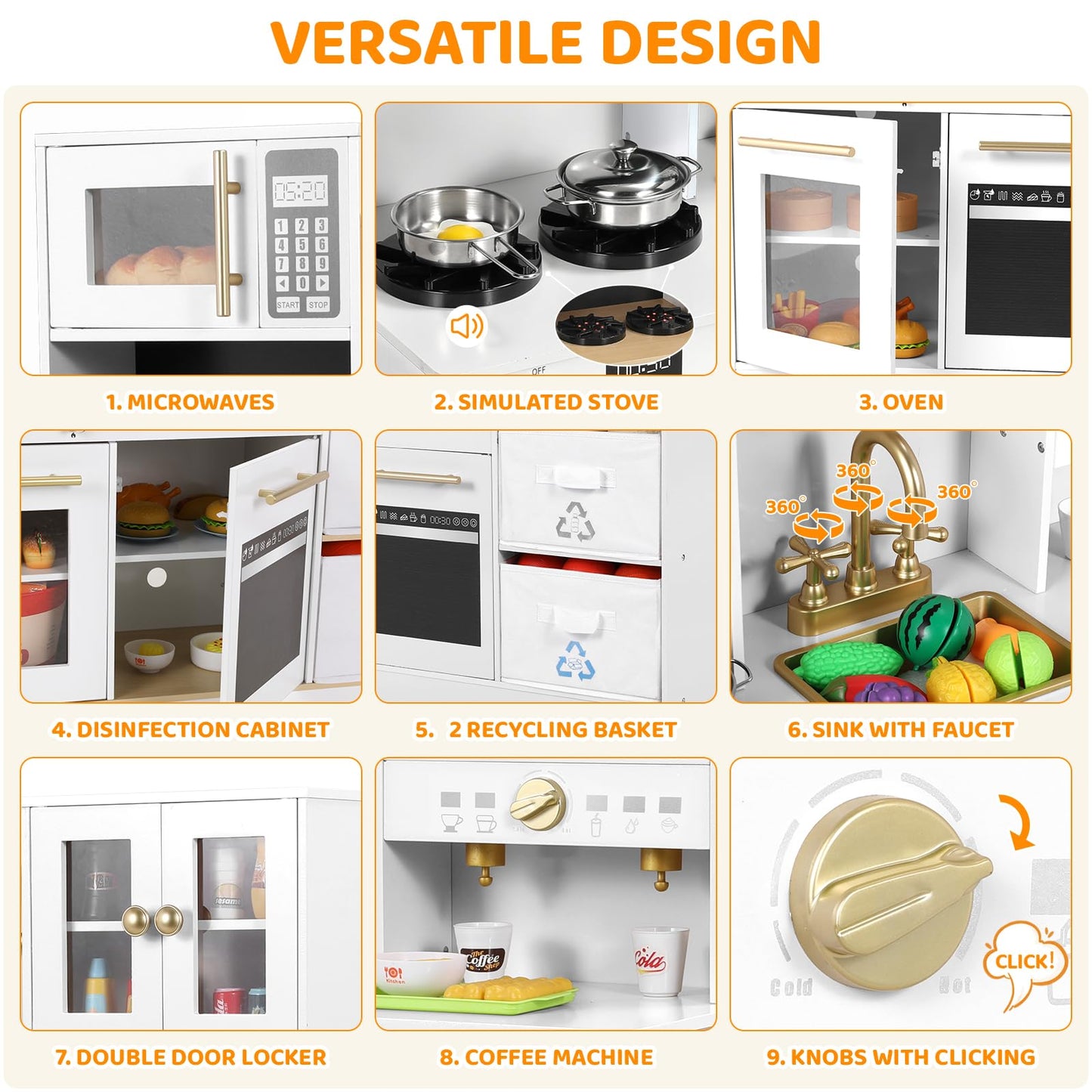 Arlopu Play Kitchen for Kids, Wooden Pretend Toy Kitchen, Large Toodler Cooking Playset w/Cookware, Stove w/Light & Sound, Fabri