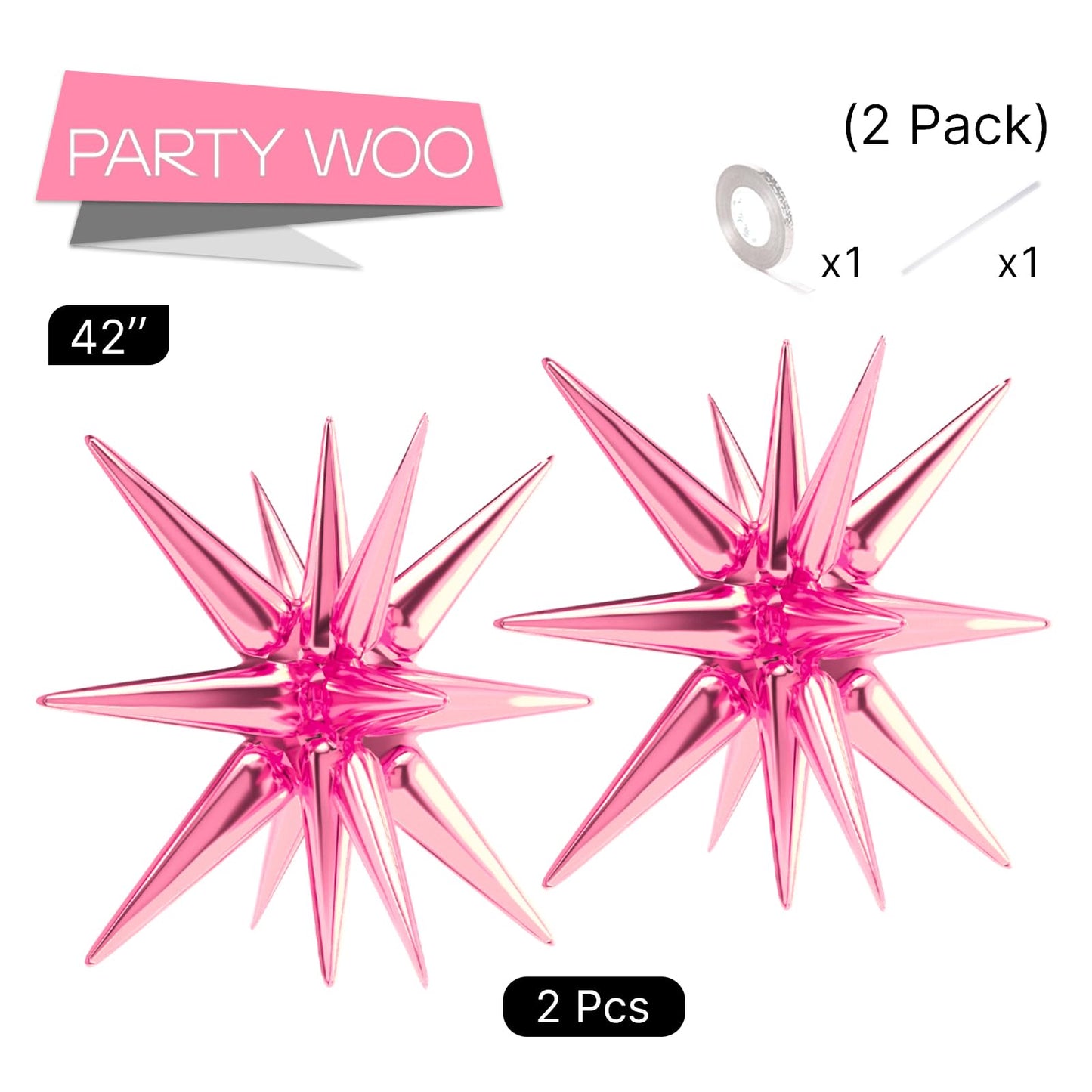 Partywoo Pink Star Balloons, 2 Pcs 42 Inch Large 14-Pointed Starburst Balloons, One-Piece Star Explosion Balloons With Ribbon, Point Star Foil Balloons, Mylar Balloons For Birthday Party Decorations