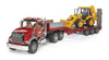 Bruder Mack Granite Flatbed Truck with JCB Loader Backhoe, Red/Yellow, Plastic, Model 2813