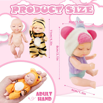 Haawooky 6 Pcs 4 Inch Mini Baby Dolls,Cute Small Baby Doll Toys with 8 Pcs Animal Clothes,Lifelike Realistic Reborn Tiny Baby Do