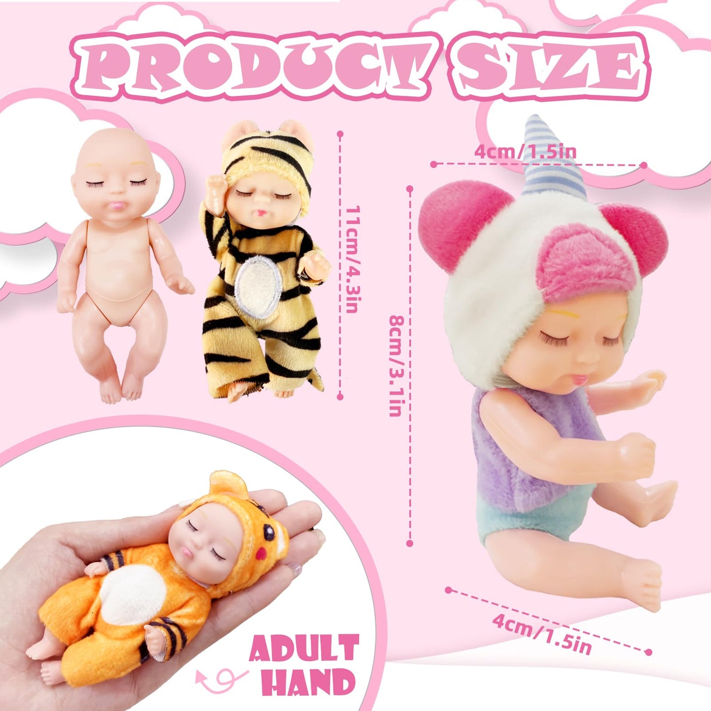 Haawooky 6 Pcs 4 Inch Mini Baby Dolls,Cute Small Baby Doll Toys with 8 Pcs Animal Clothes,Lifelike Realistic Reborn Tiny Baby Do