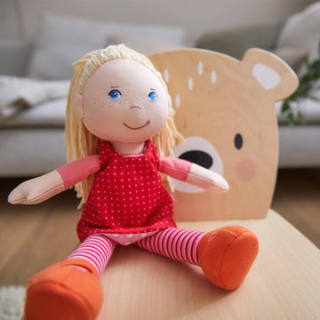 Haba 12' Soft Baby Doll Annelie With Blonde Hair, Embroidered Face, Removable Red Dress And Matching Hairband - Washable Toddler Doll For 18 Months+