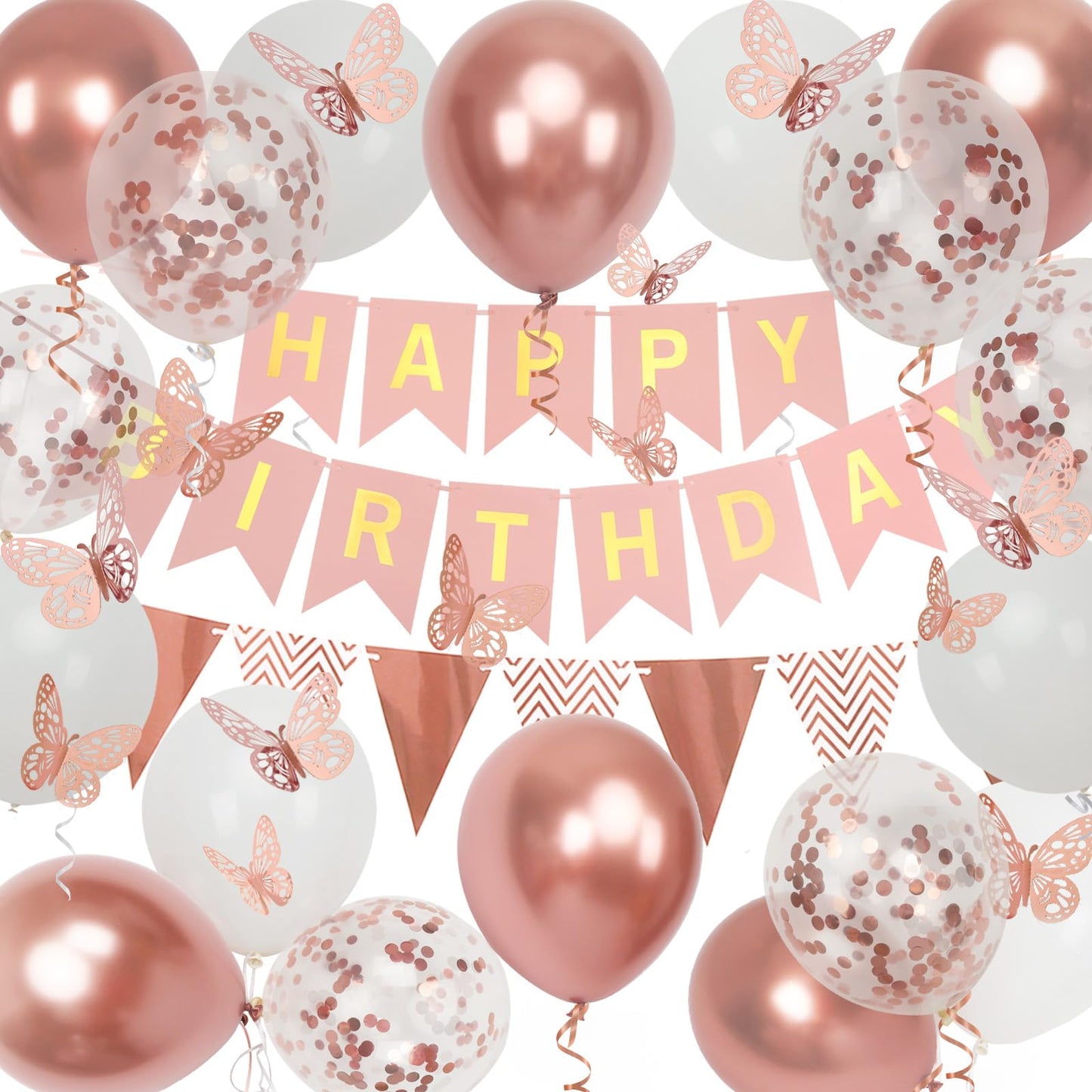 Rose Gold Birthday Decoration, 18 Pcs 12 Inch Happy Birthday Banner With Butterfly Stickers And Balloons For Girl And Women Happ