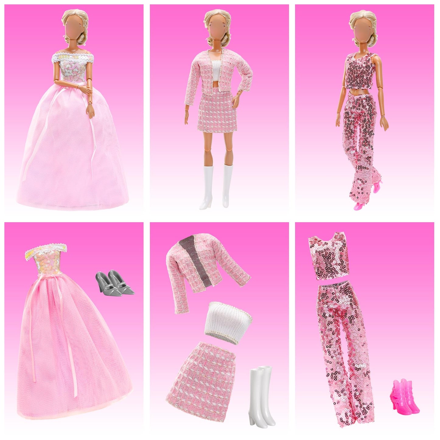 15 Pieces 11.5 Inch Girl Dolls Fashion Pack 6 Set Doll Clothes Include Chic Suits Party Gown Sequin Outfit Stylish Dress 6 Pairs Of Shoes 3 Accessories For Storytelling Girl Dolls Clothing(No Doll)